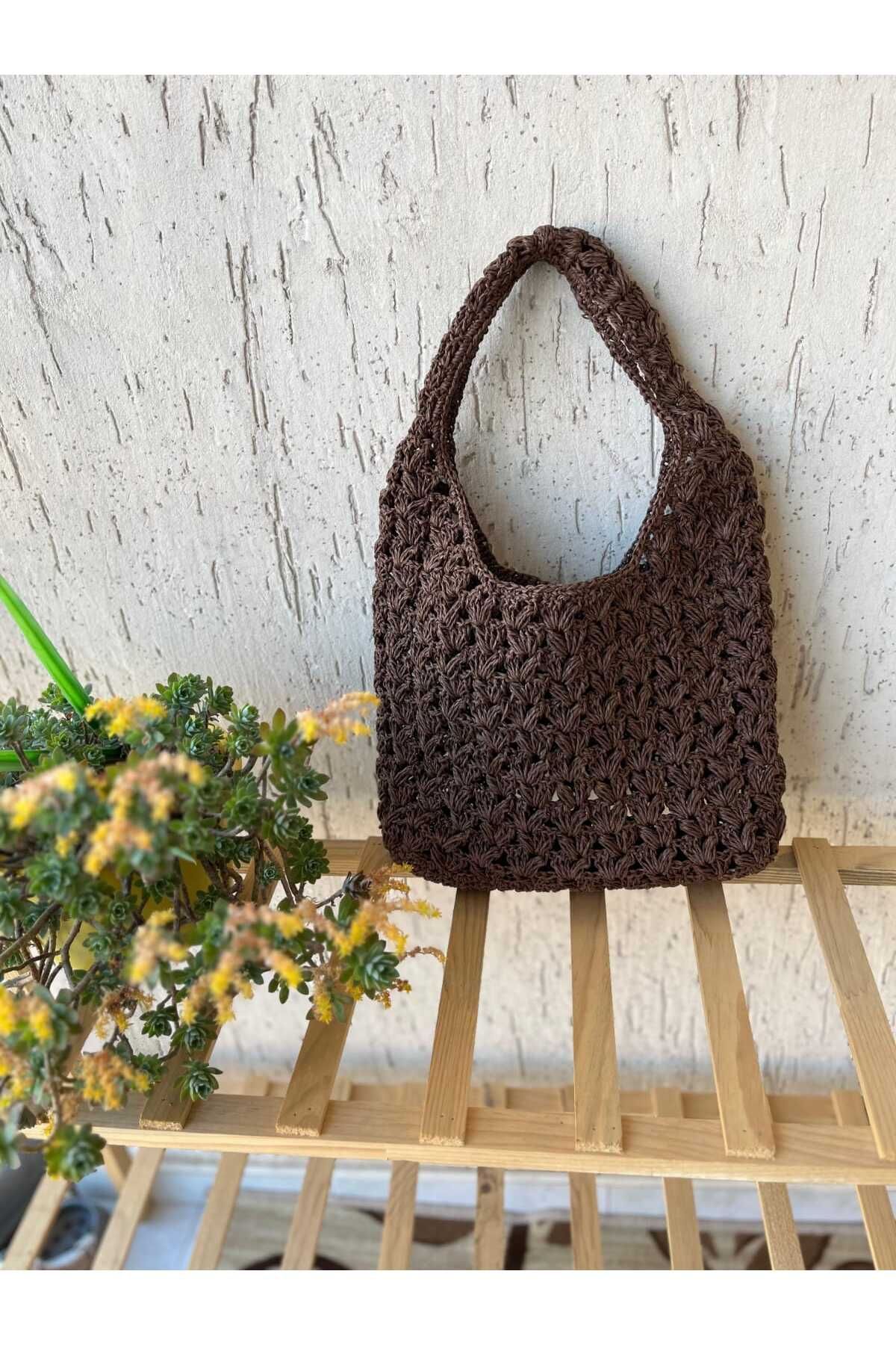 MODA El Örgüsü Koyu Kahverengi Hasır Kağıt İp Plaj Yaz Modası Çantası