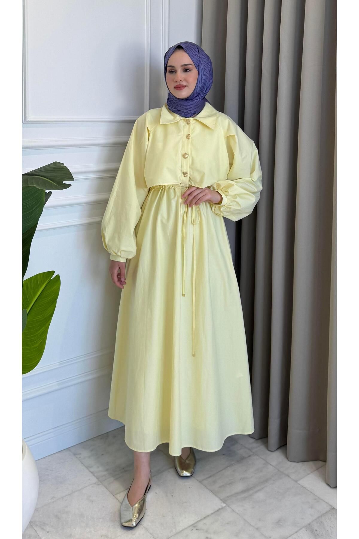 Beige Store Tünel Bağlamalı Astarlı Elbise Sarı