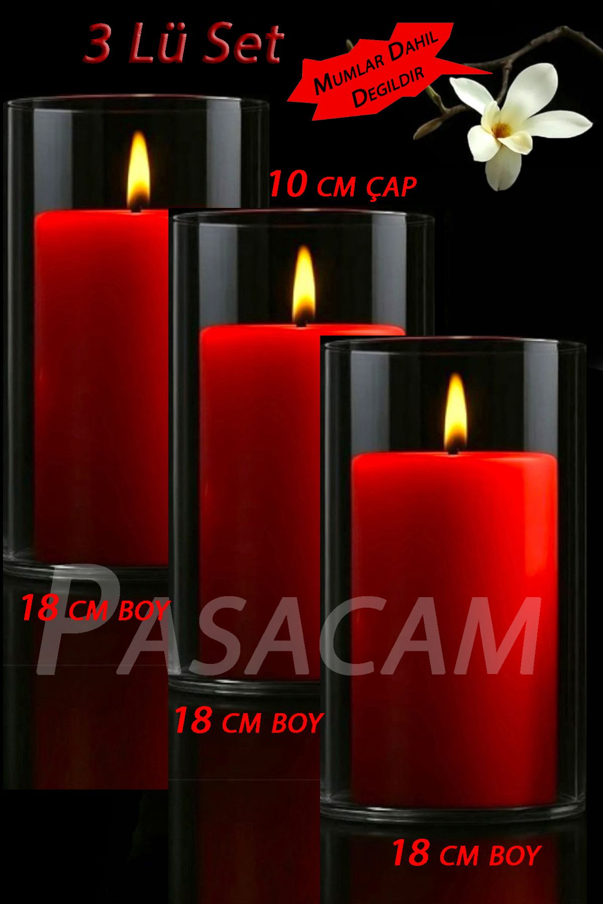 Paşa Cam Cam Vazo Silindir Mumluk 10 Cm Cap 18 Cm Yükseklik 3 Adet