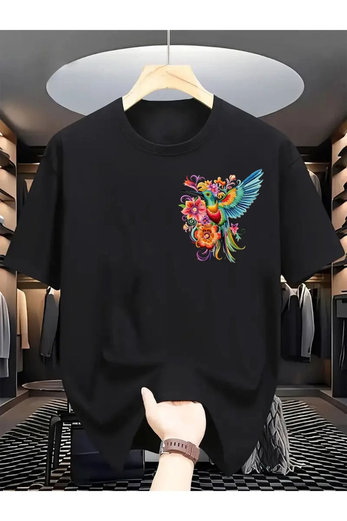 PALPİTO Kadın Siyah Sinek Kuşu Baskılı Oversize T-Shirt