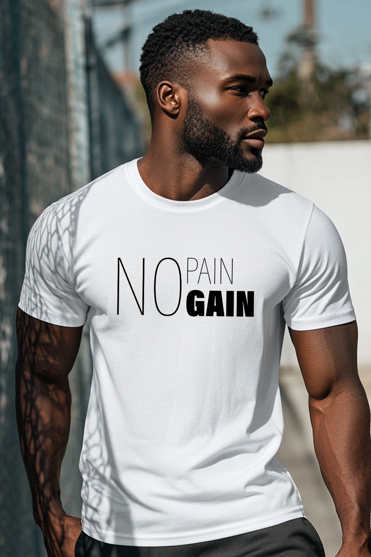 uniqwo Unisex No Pain Gain Baskılı Fitness %100 Pamuk Premium Regular Beyaz T-Shirt