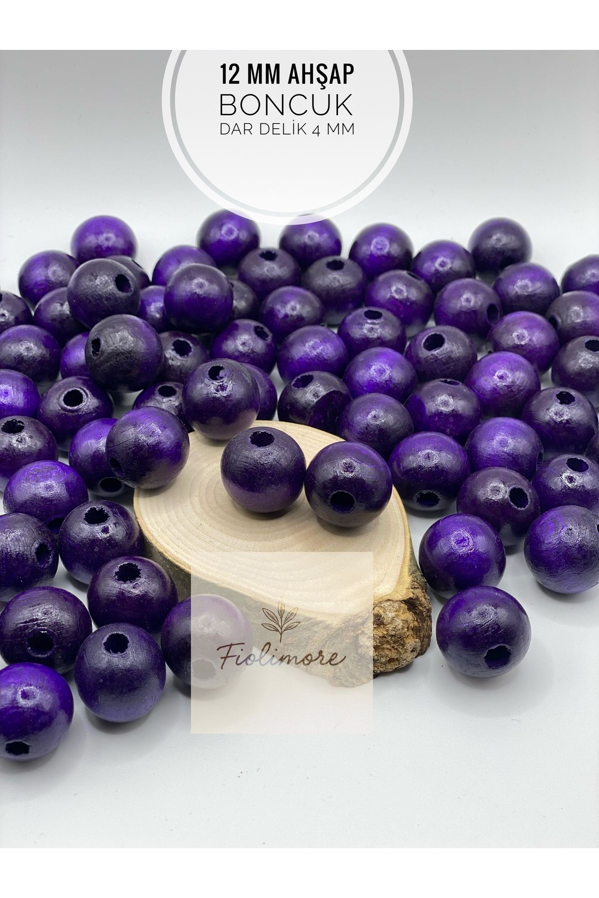 Fiolimore 12 mm Mor Ahşap Boncuk (50 Gram 95 Adet) Delik Çapı 4 mm Yuvarlak Dar Delik Renkli Tahta