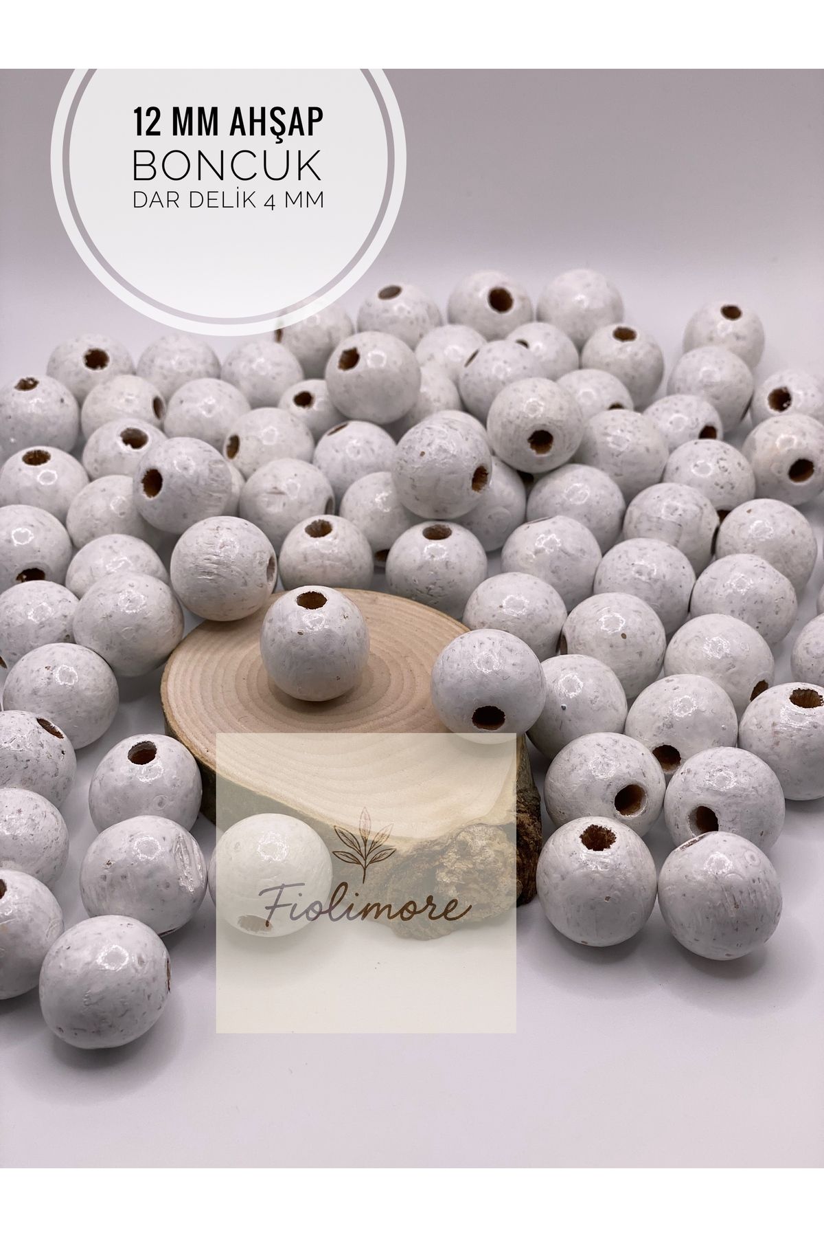 Fiolimore 12 mm Beyaz Ahşap Boncuk (50 Gram 95 Adet) Delik Çapı 4 mm Yuvarlak Dar Delik Renkli Tahta