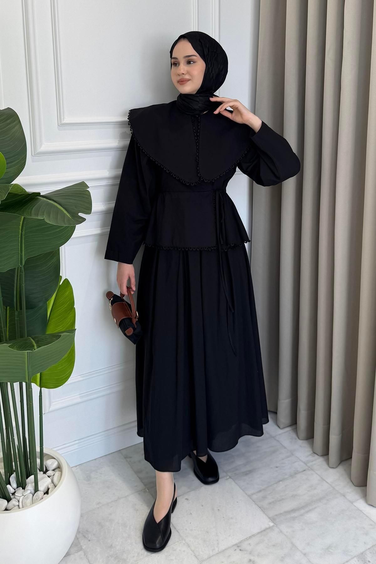 Beige Store Zincir İşlemeli Bebe Yaka Etek Takım Siyah
