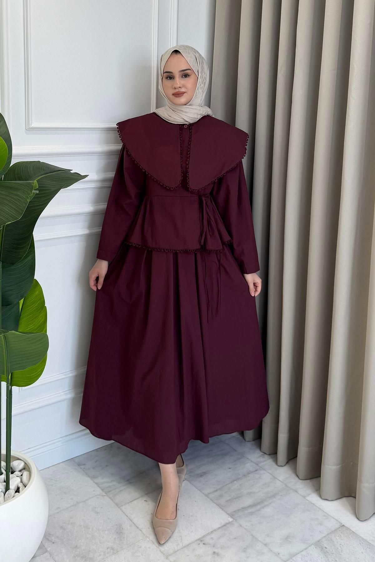 Beige Store Zincir İşlemeli Bebe Yaka Etek Takım Bordo