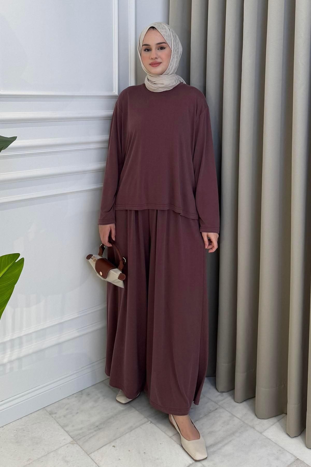 Beige Store Yandan Yırtmaçlı Bol Kesim Eşofman Takım Mürdüm