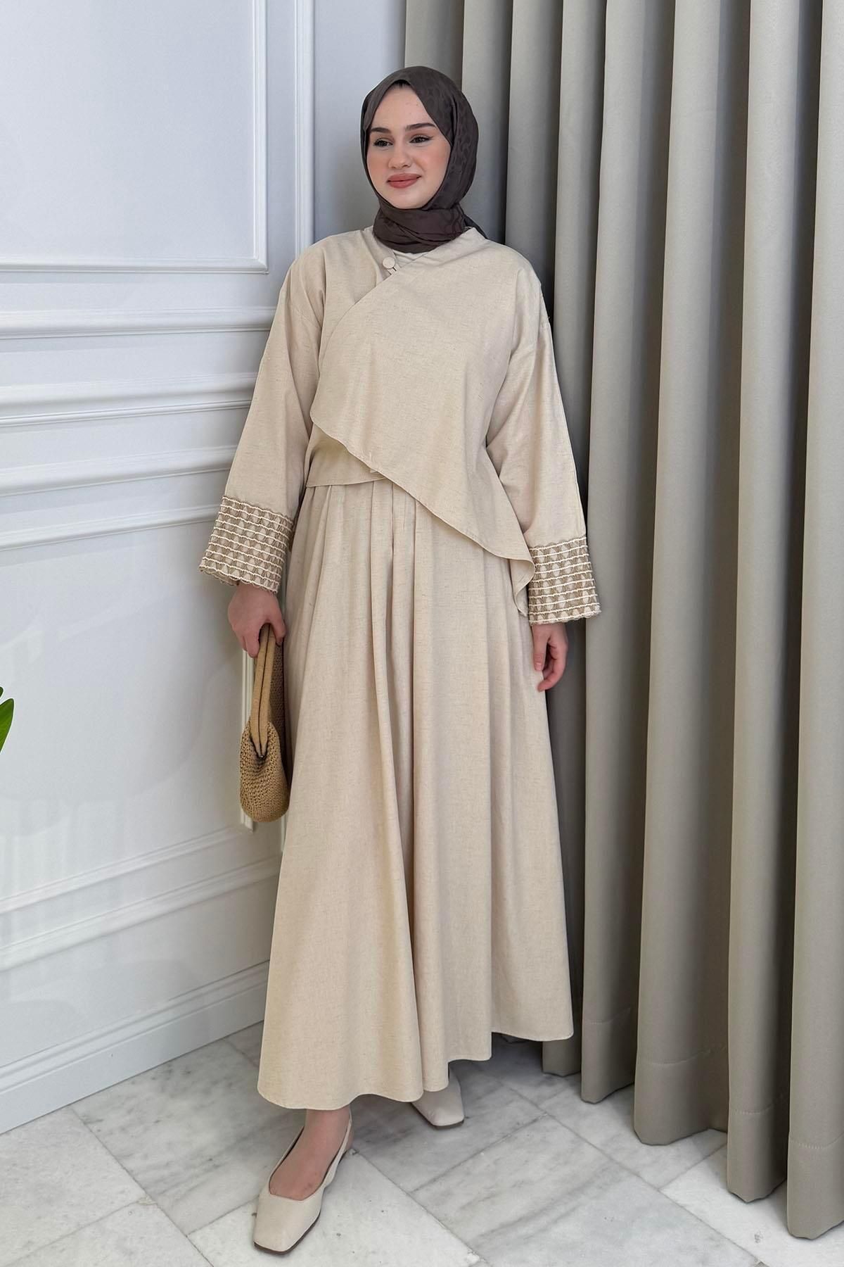 Beige Store Manşet İşlemeli Kimono Etek Takım Taş