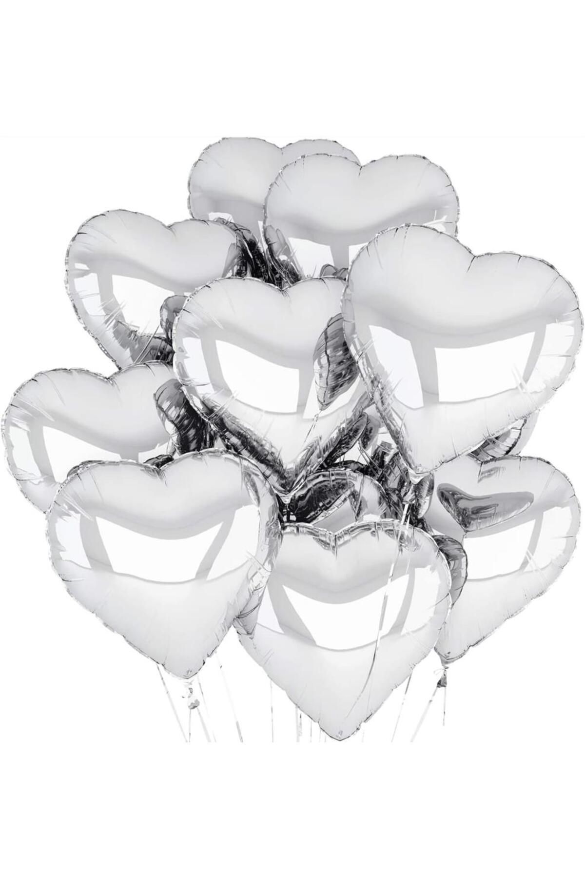 Aydoganticaret44 Metalize Parlak Gümüş Kalp Şekilli Uçan Balon Folyo 18 inç 45 cm 10 Adet