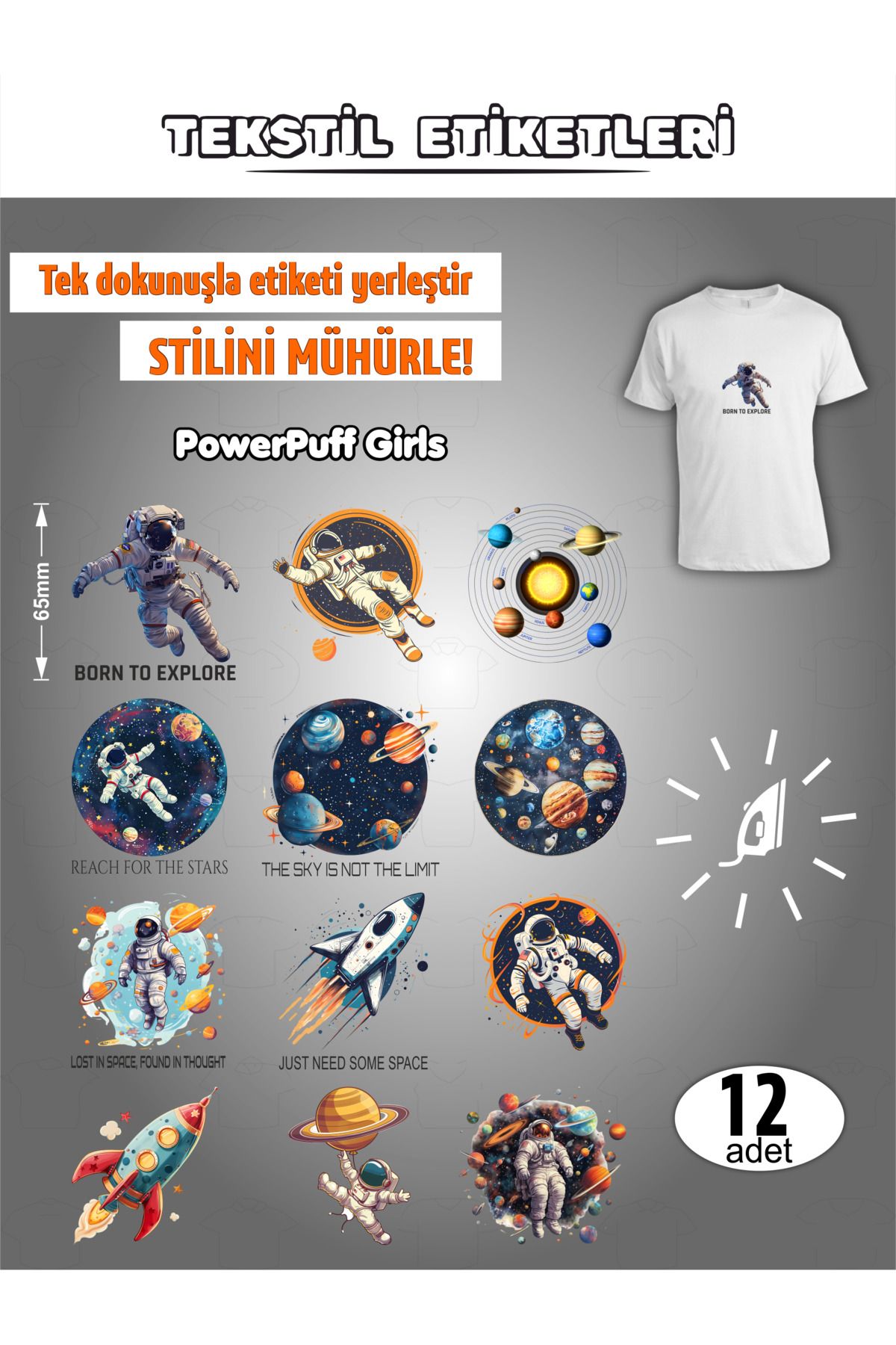 AGG Reklam Ütü Ile Yapışan Kıyafet Etiketi Astronot Ve Uzay 12li Set