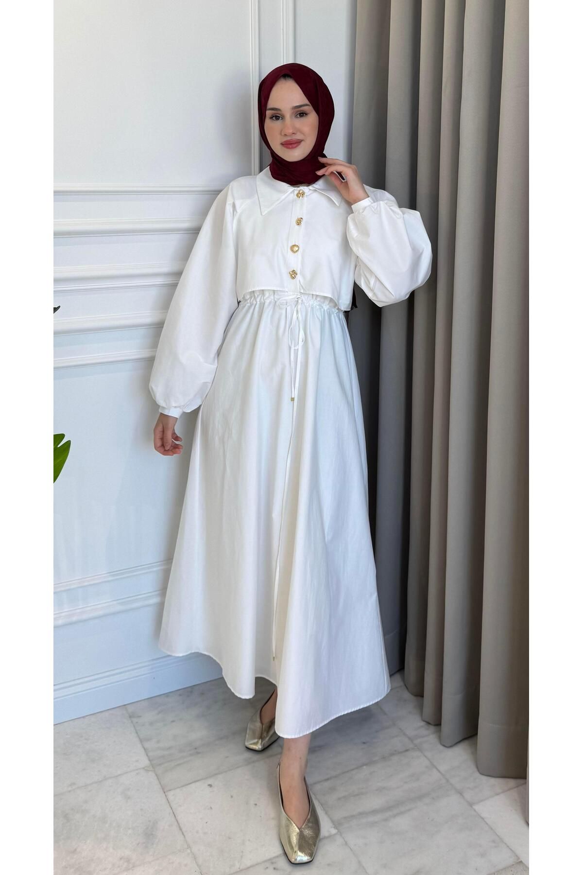 Beige Store Tünel Bağlamalı Astarlı Elbise Beyaz