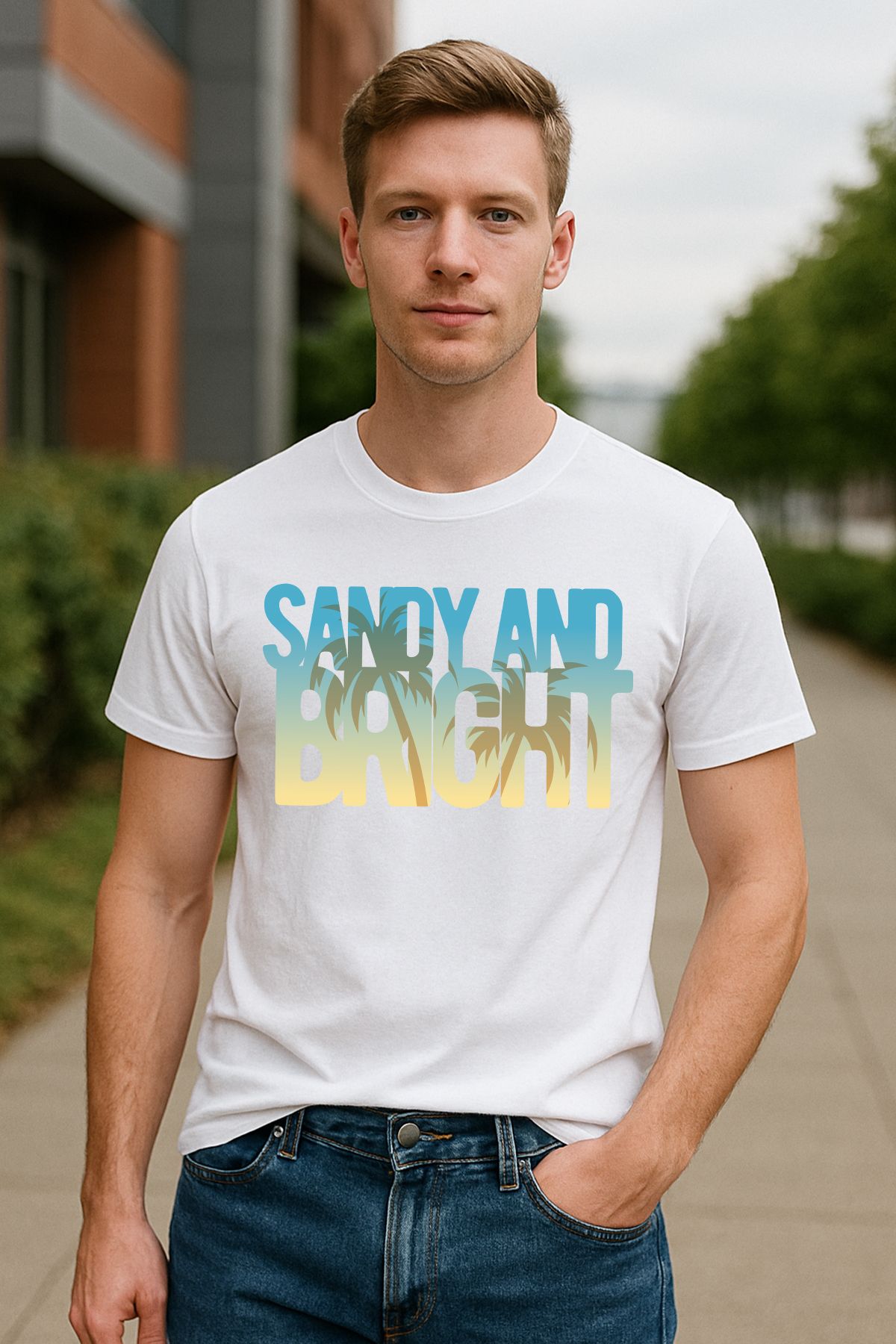 uniqwo Unisex Mavi Sandy Bright Plaj Yaz Temalı %100 Pamuk Premium Regular Beyaz T-Shirt
