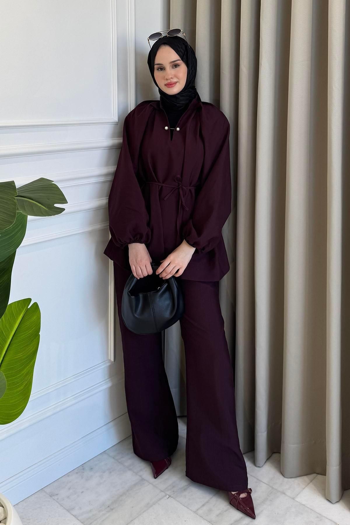 Beige Store İnci İğneli Belden Bağlamalı Pantolon Takım Bordo
