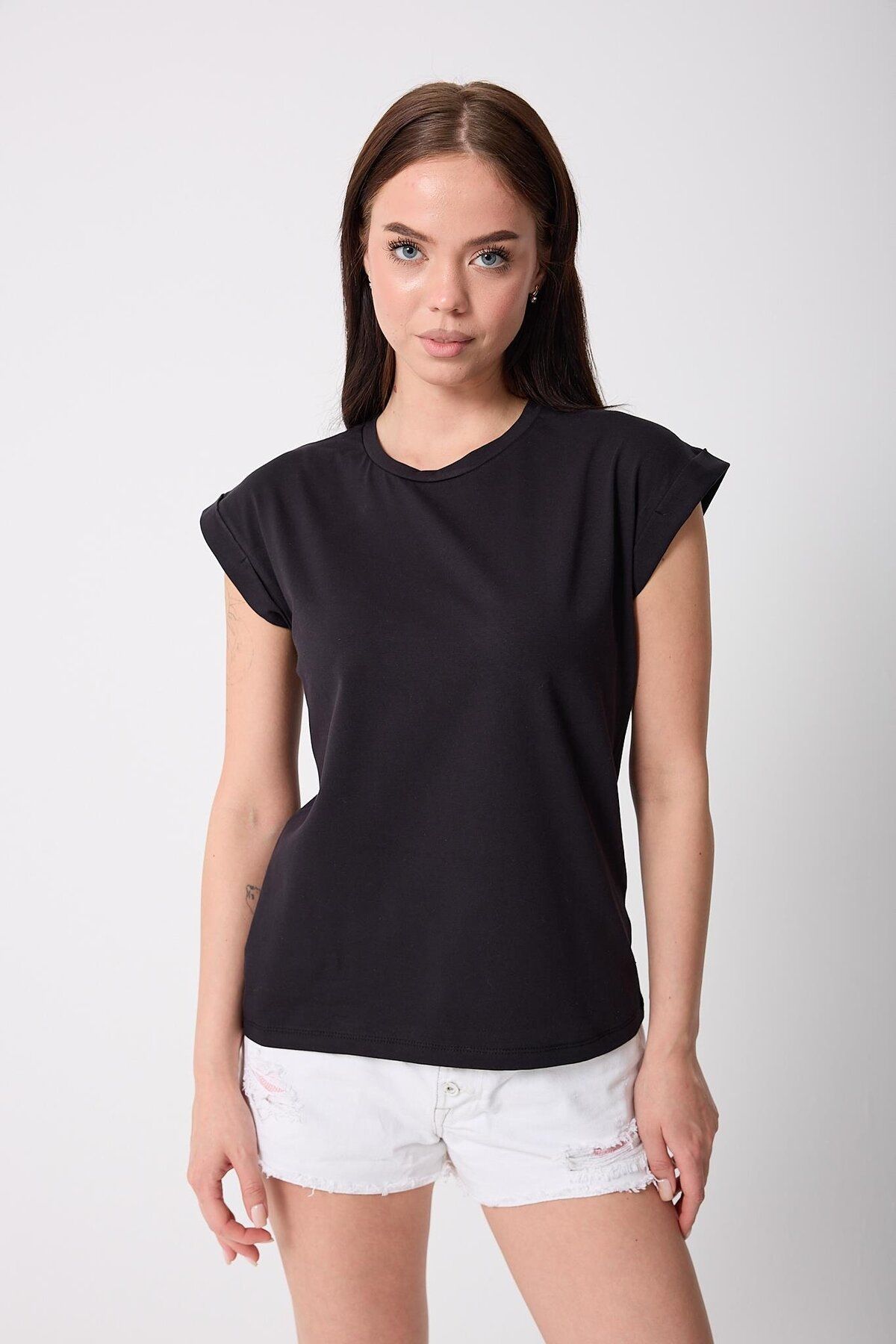 AMİDA Kadın Siyah Likralı Duble Kol Basic T-shirt - 2525