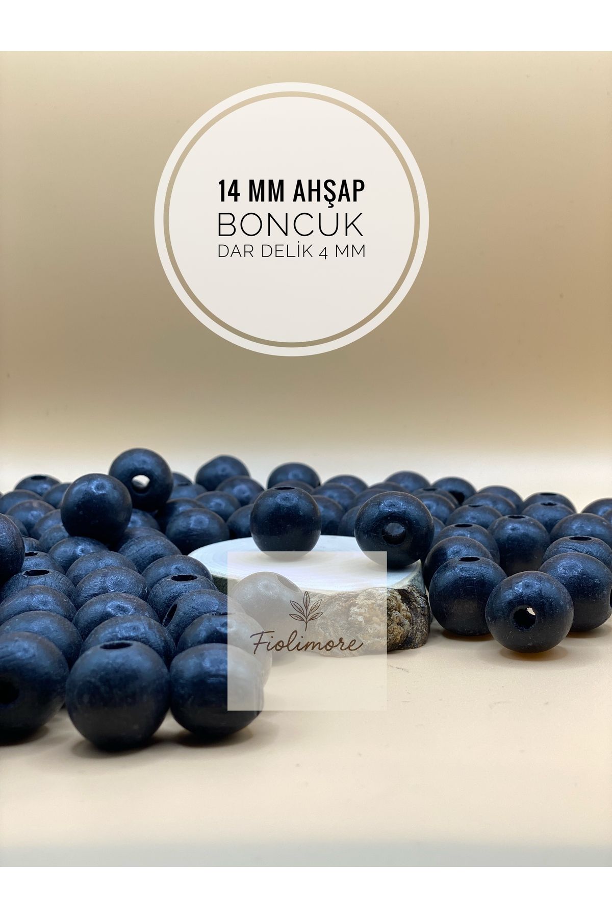 Fiolimore 14 mm Siyah Ahşap Boncuk (50 Gram 50 Adet) Delik Çapı 4 mm Yuvarlak Dar Delik Renkli Tahta