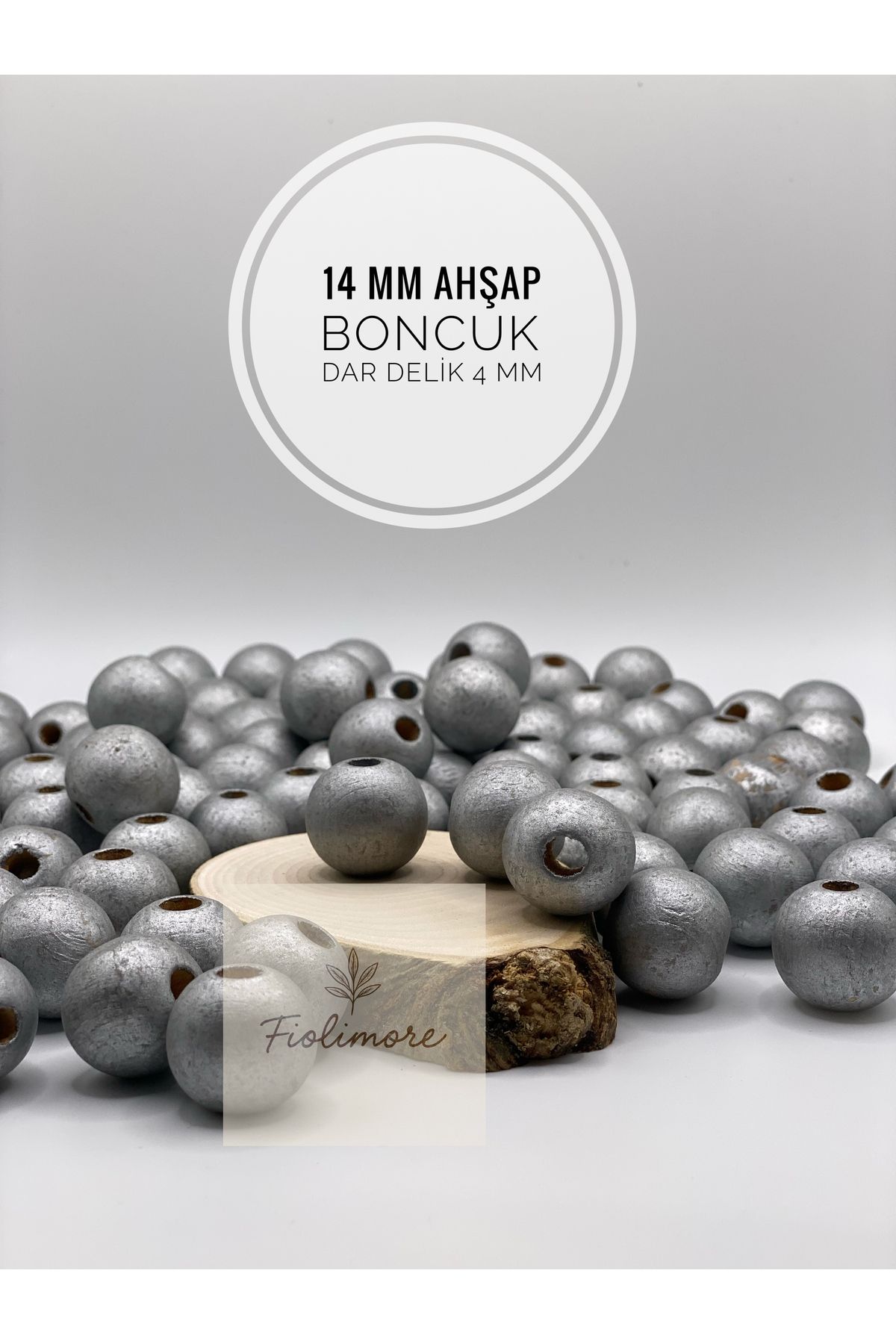 Fiolimore 14 mm Gri Ahşap Boncuk (50 Gram 50 Adet) Delik Çapı 4 mm Yuvarlak Dar Delik Renkli Tahta