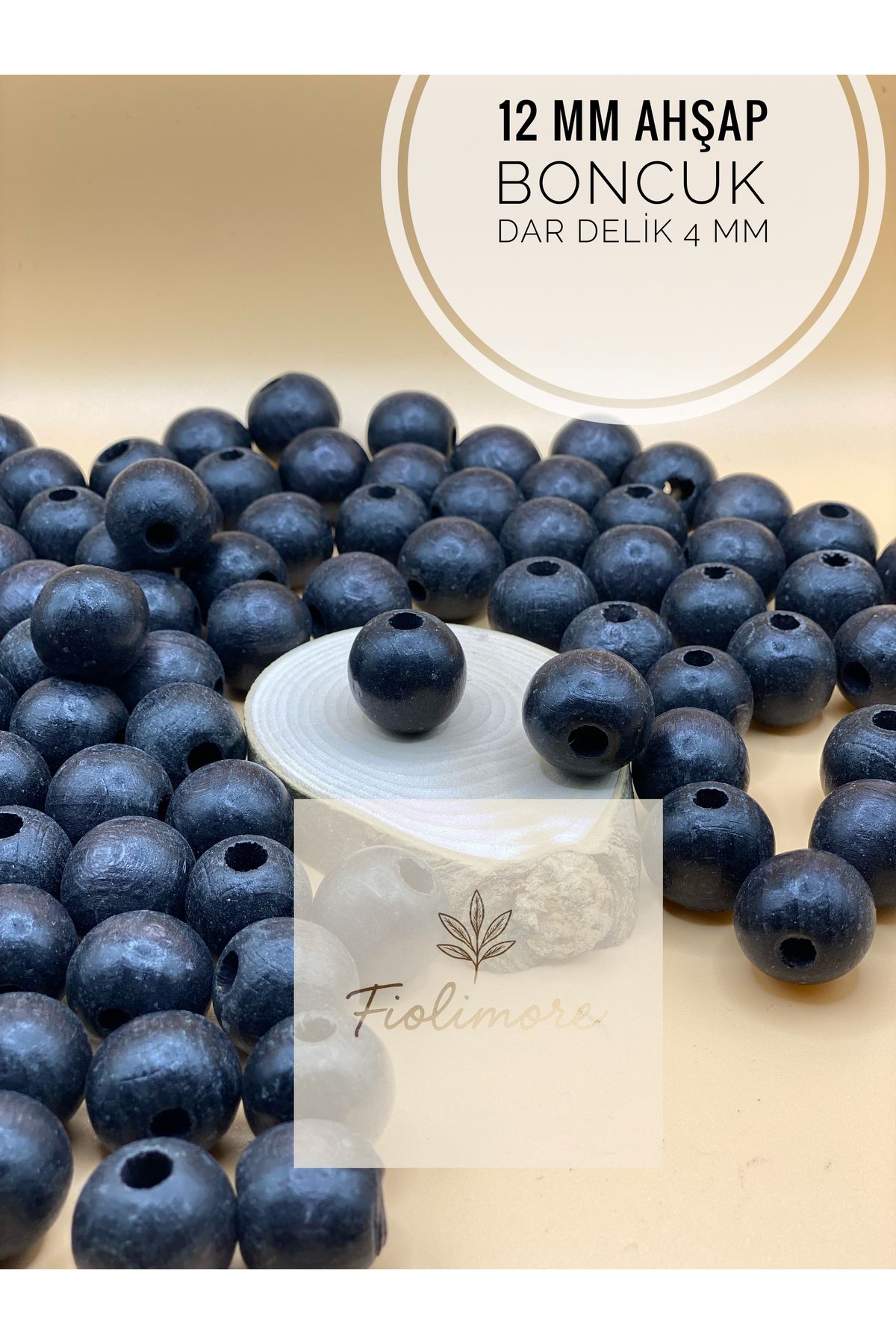 Fiolimore 12 mm Siyah Ahşap Boncuk (50 Gram 95 Adet) Delik Çapı 4 mm Yuvarlak Dar Delik Renkli Tahta