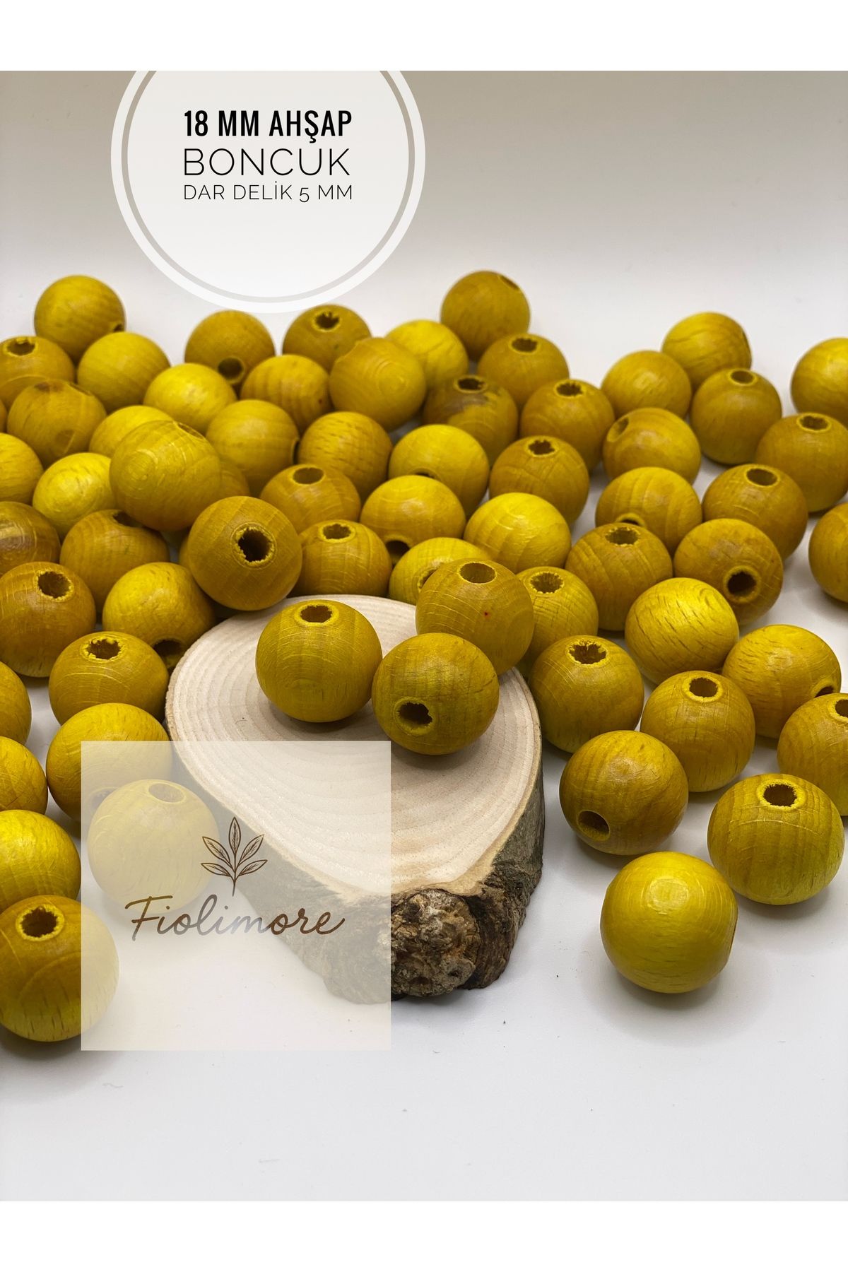 Fiolimore 16 mm Sarı Ahşap Boncuk (50 Gram 35 Adet) Delik Çapı 5 mm Yuvarlak Dar Delik Renkli Tahta