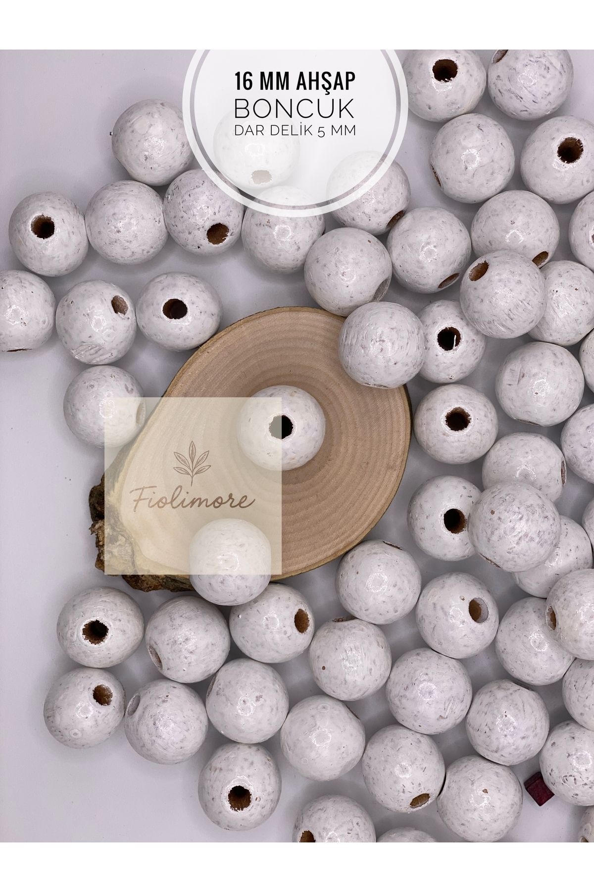 Fiolimore 16 mm Beyaz Ahşap Boncuk (50 Gram 35 Adet) Delik Çapı 5 mm Yuvarlak Dar Delik Renkli Tahta