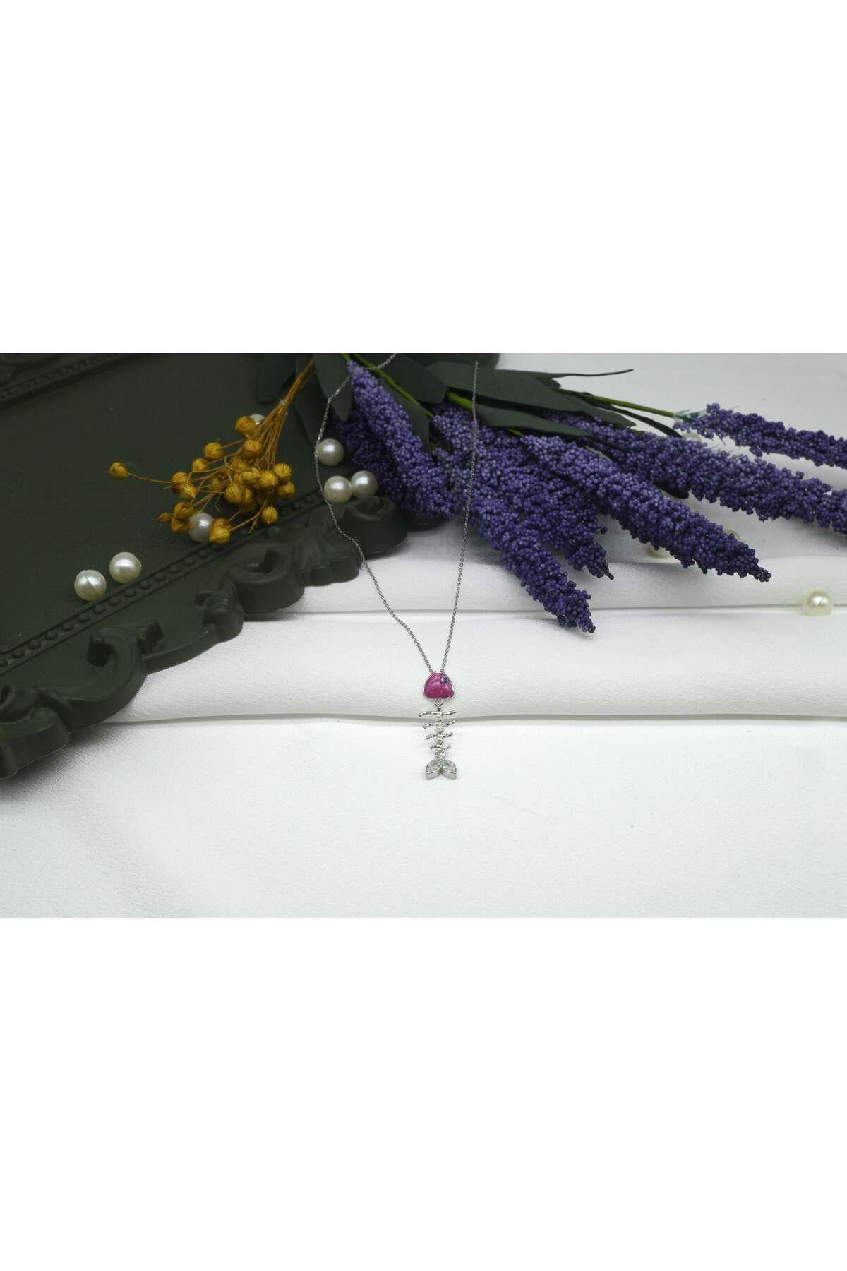 Ocean Silver & Jewelry Kristal Kuvars Taşlı Mine Kılçık Balık Gümüş Kolye