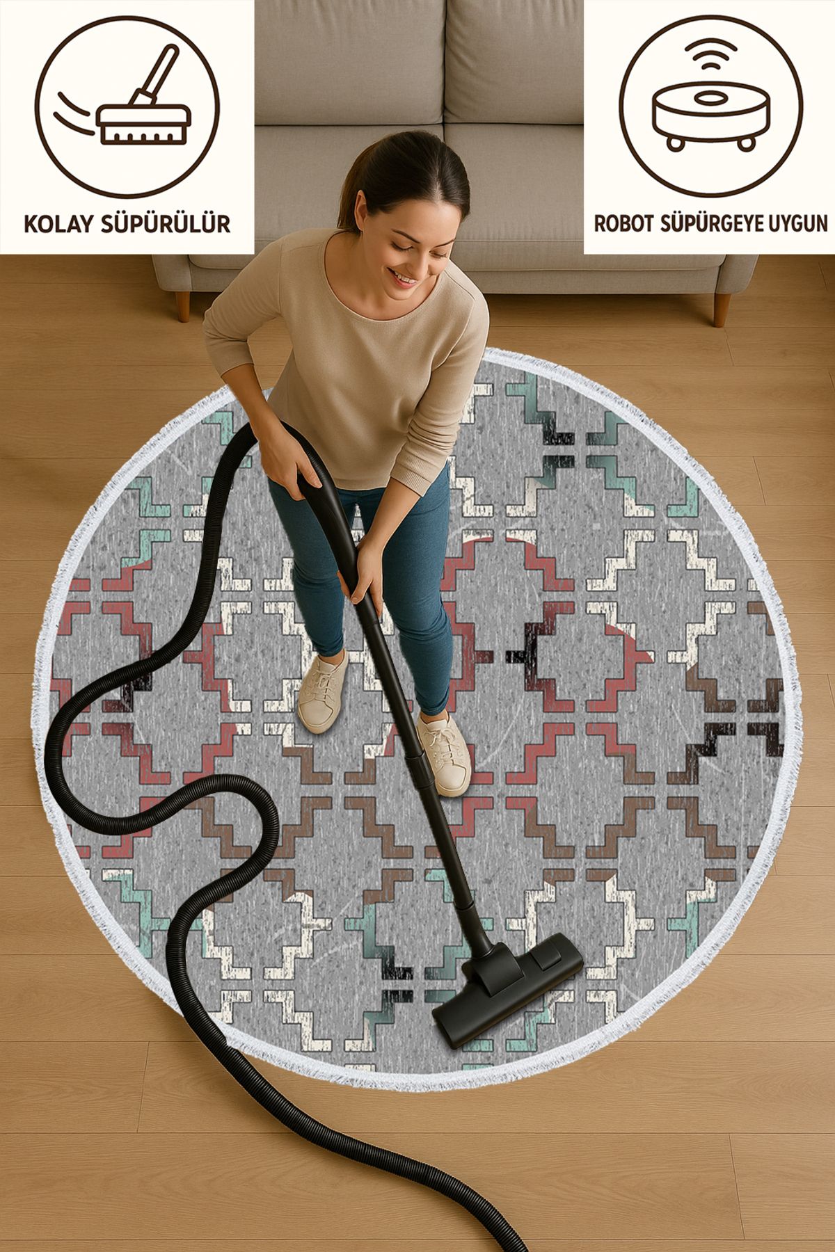 TNYLOF Yuvarlak Halı – Gri Zeminli Geometrik Desen | Pamuk Tabanlı Kaymaz Salon ve Oturma Halısı