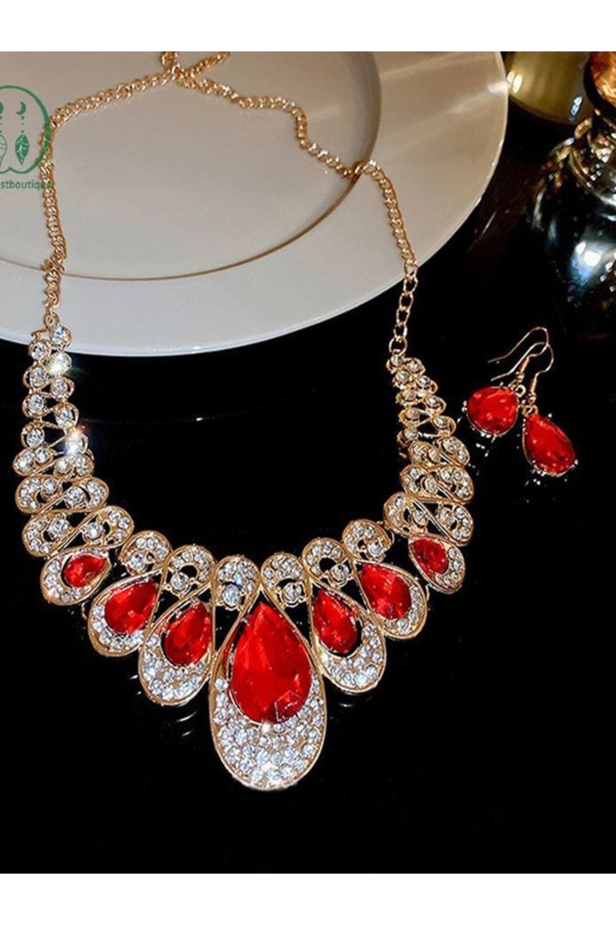 Shisa Jewel 1set Kırmızı Damla Şeklinde ve Değerli Taş Kolye Küpe Takı Seti(18)