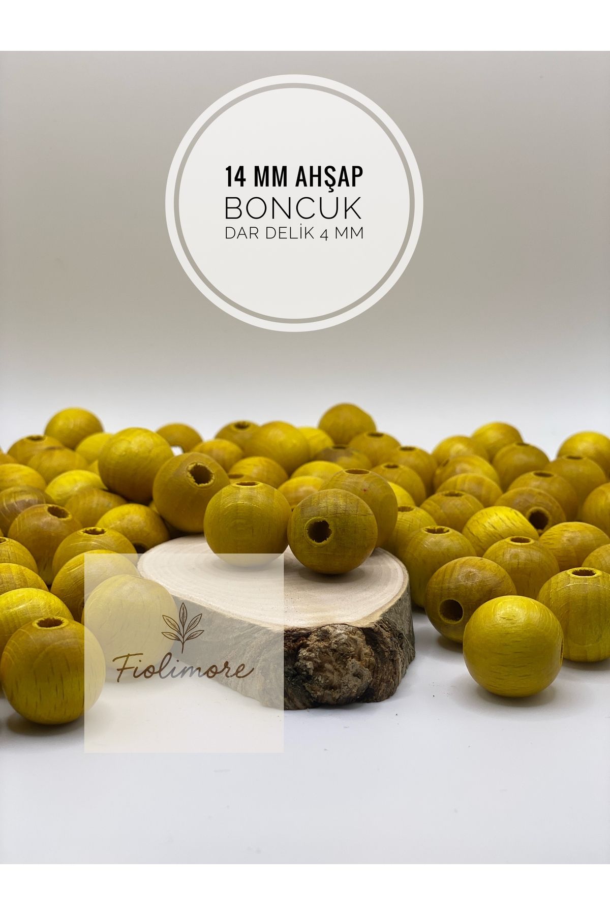 Fiolimore 14 mm Sarı Ahşap Boncuk (50 Gram 50 Adet) Delik Çapı 4 mm Yuvarlak Dar Delik Renkli Tahta