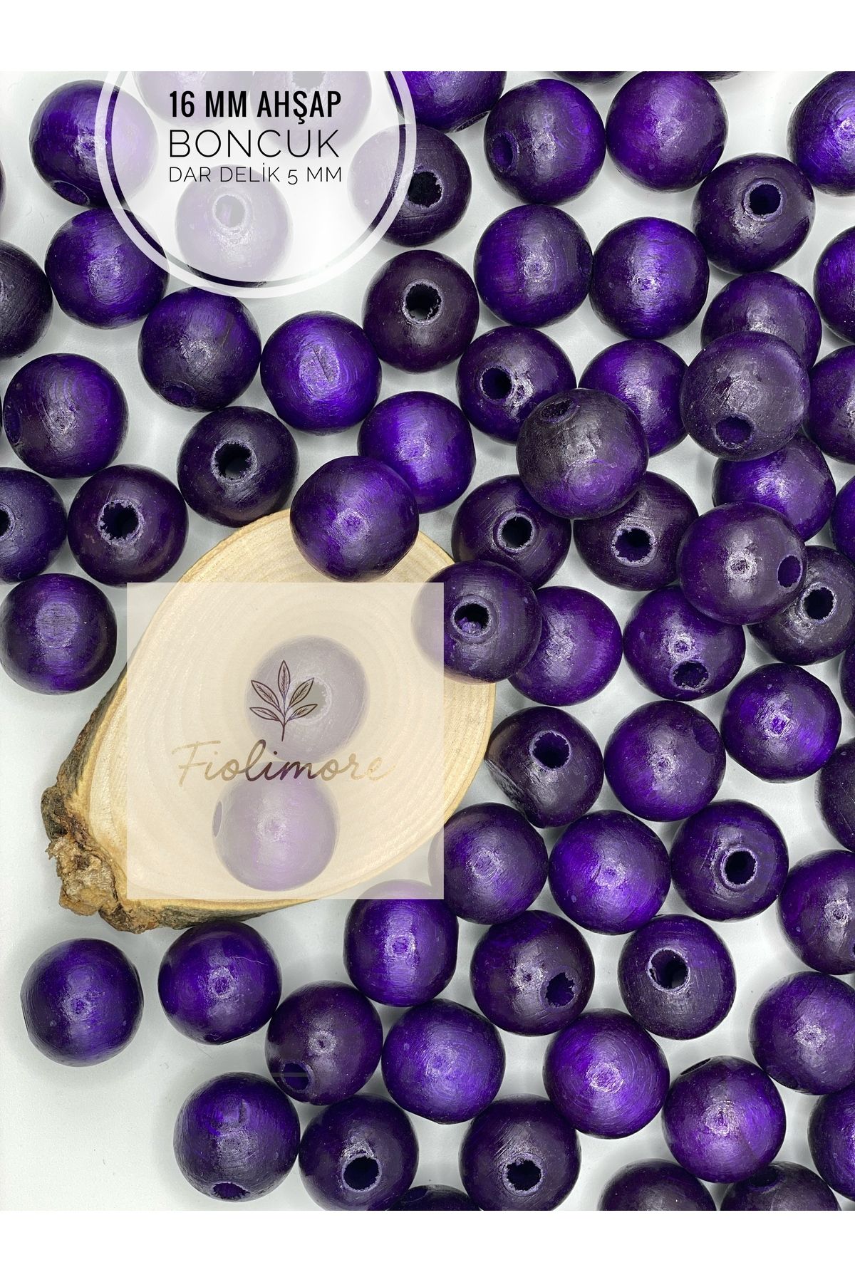Fiolimore 16 mm Mor Ahşap Boncuk (50 Gram 35 Adet) Delik Çapı 5 mm Yuvarlak Dar Delik Renkli Tahta