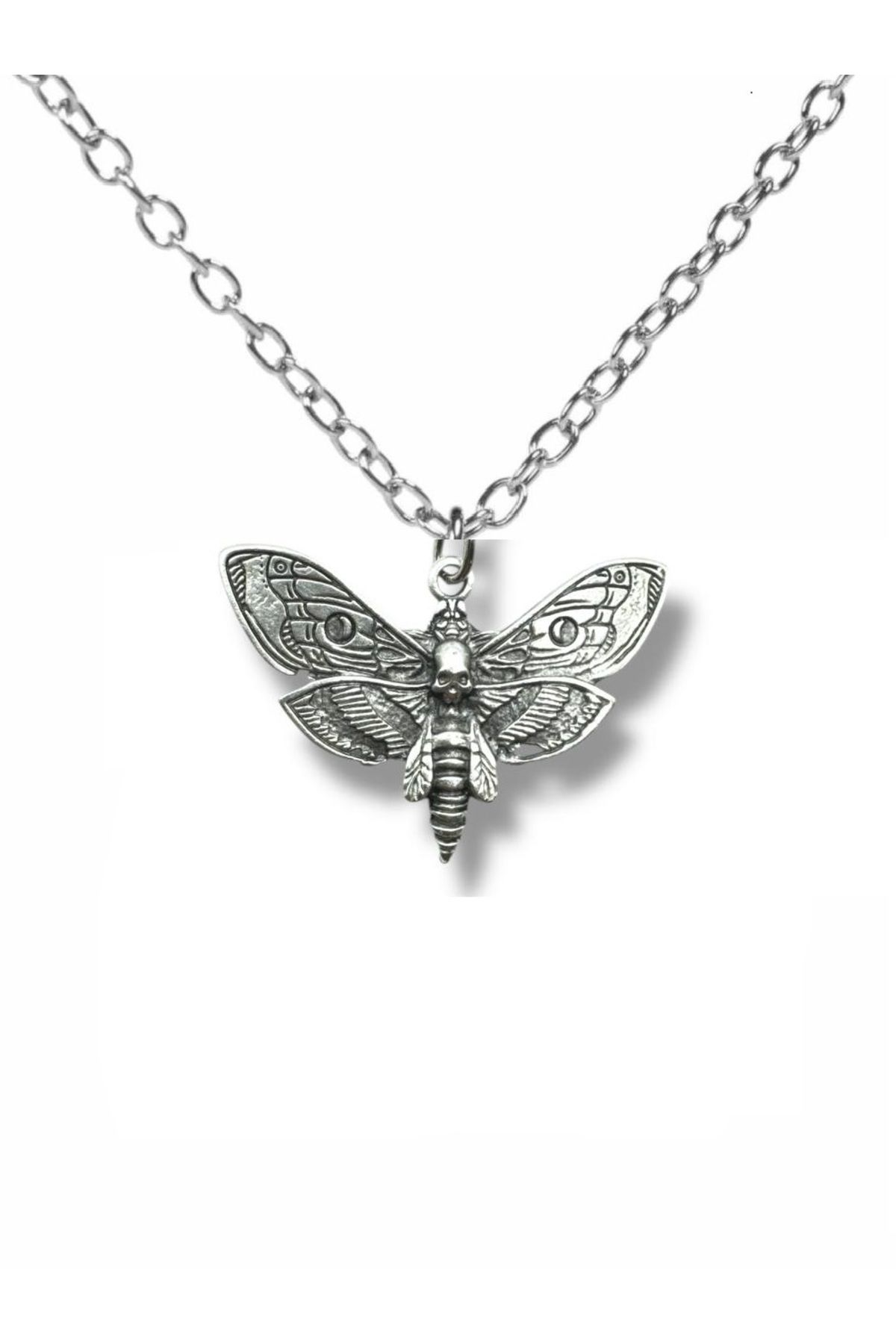 Herşey Nota Skull Moth Figürlü Unisex Kolye | Kafatası Güvesi Tasarım | Gotik Stil | 60 cm Zincir