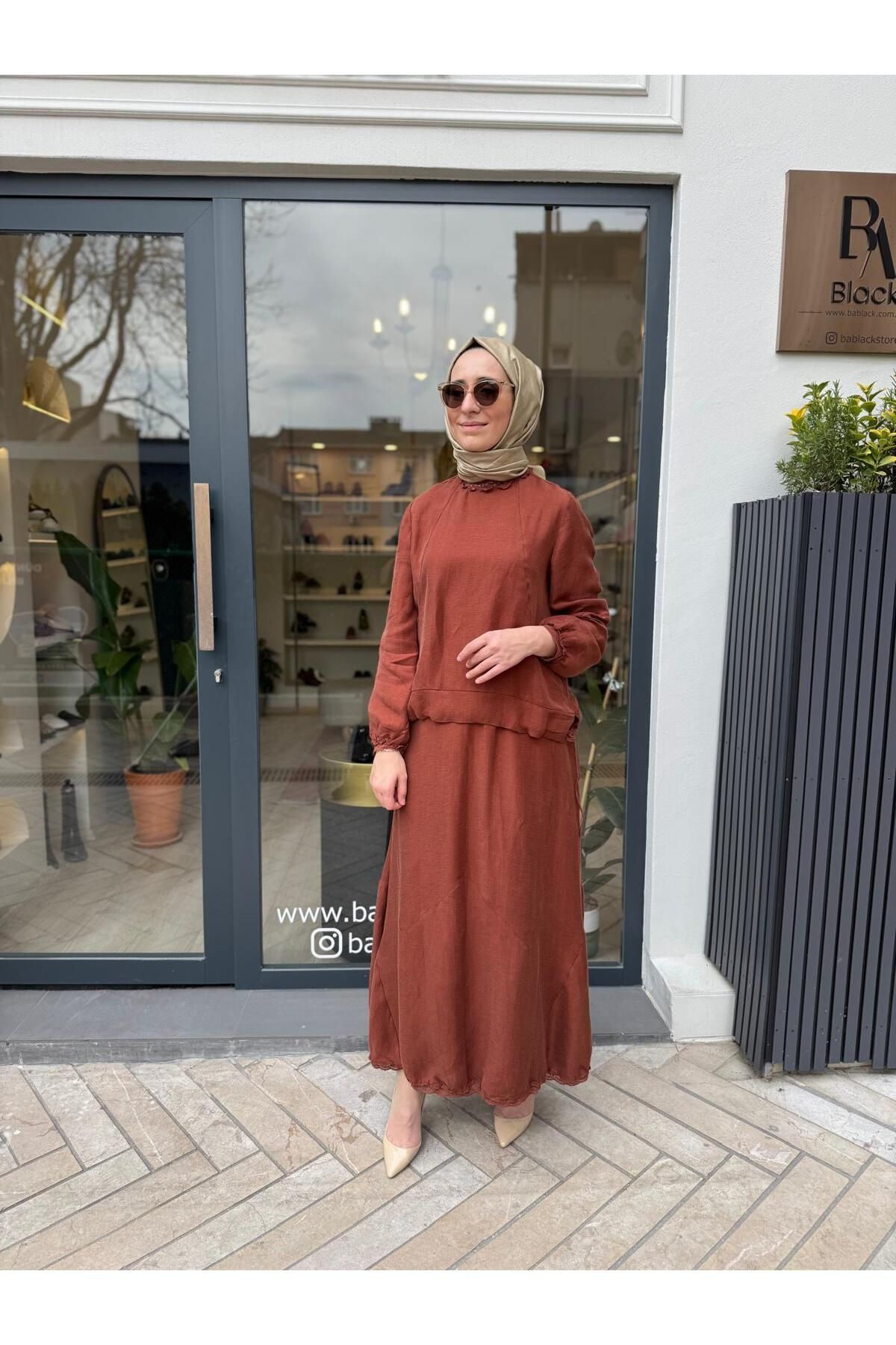 MissWhence Keten Basic Kadın Etekli Takım Turuncu
