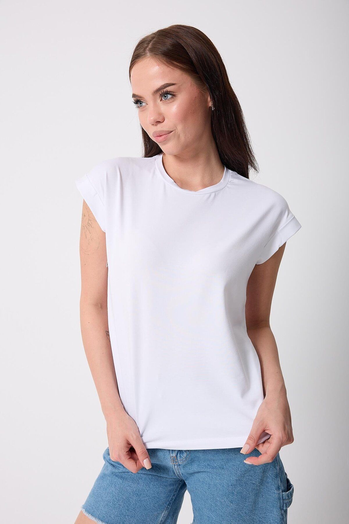 AMİDA Kadın Beyaz Likralı Duble Kol Basic T-shirt - 2525