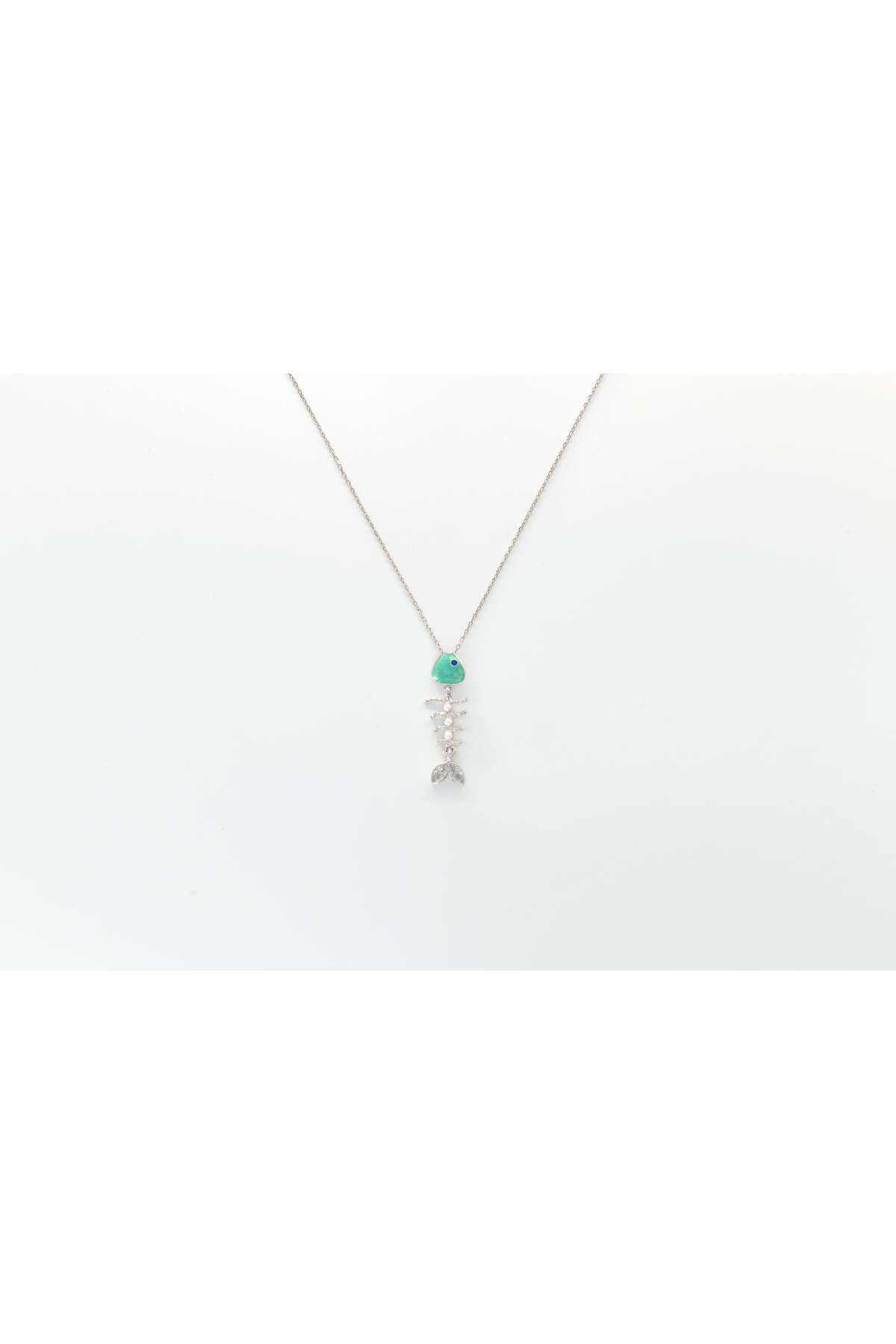 Ocean Silver & Jewelry Kristal Kuvars Taşlı Mine Kılçık Balık Gümüş Kolye