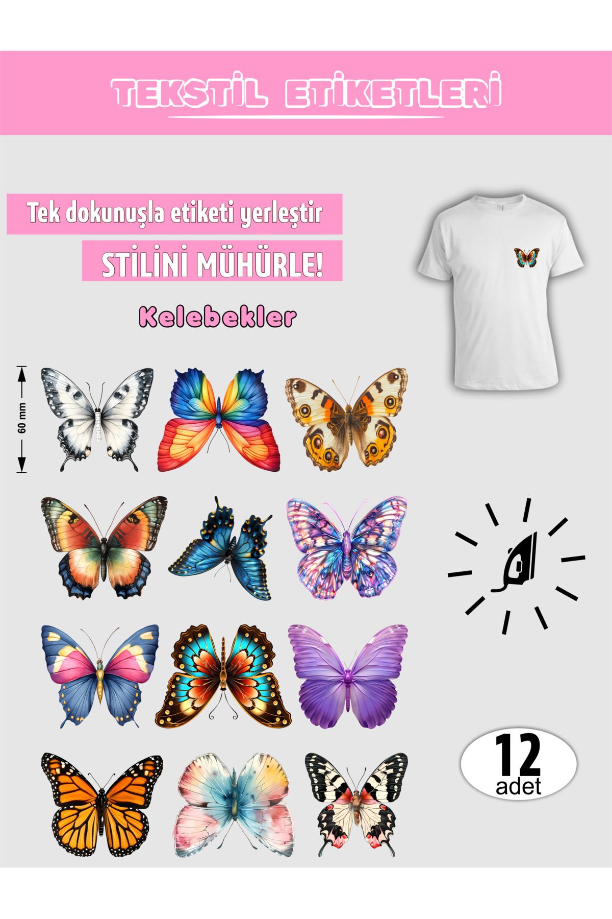 AGG Reklam Ütü Ile Yapışan Kıyafet Etiketi Kelebekler 12Li Set