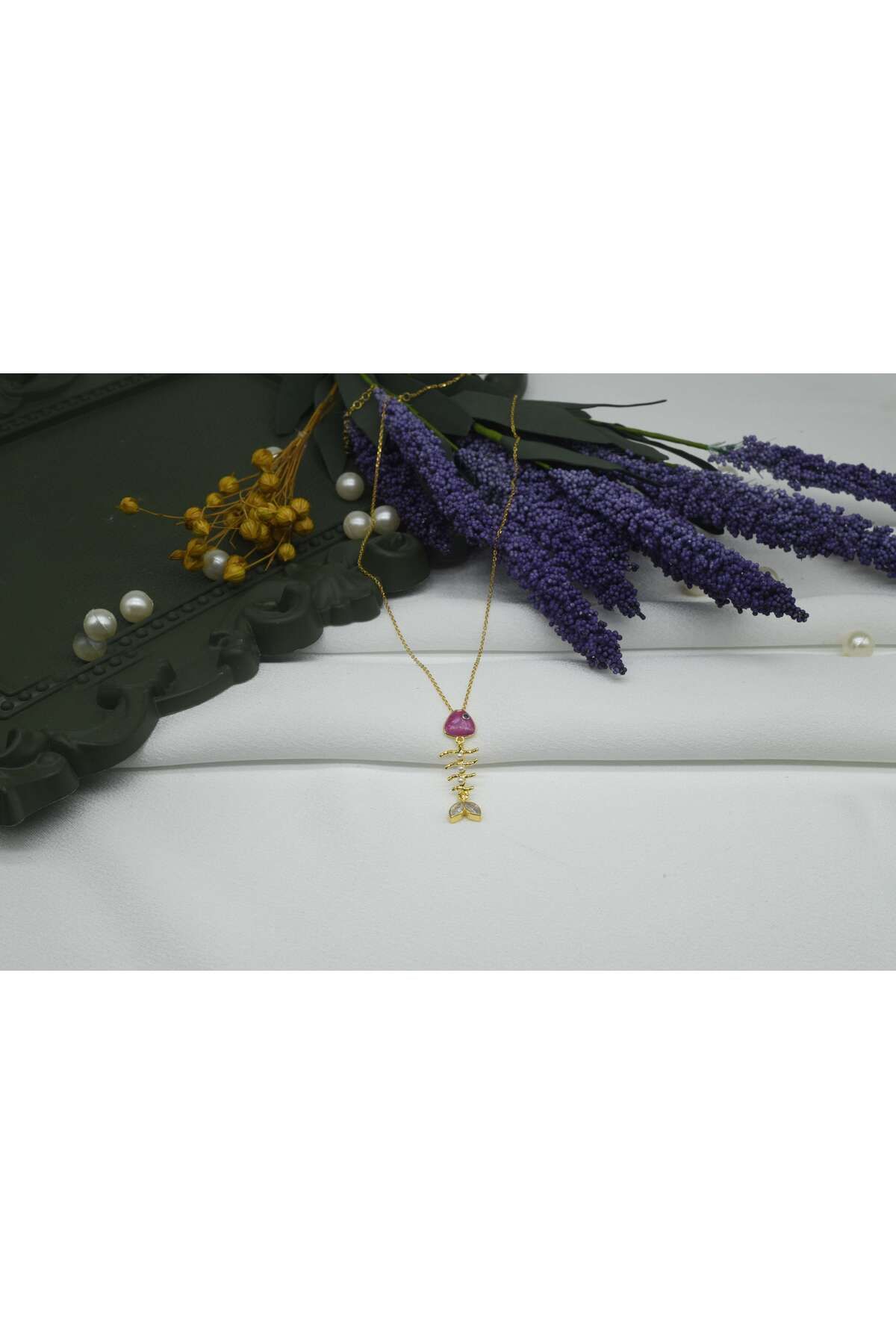 Ocean Silver & Jewelry Kristal Kuvars Taşlı Mine Kılçık Balık Gümüş Kolye