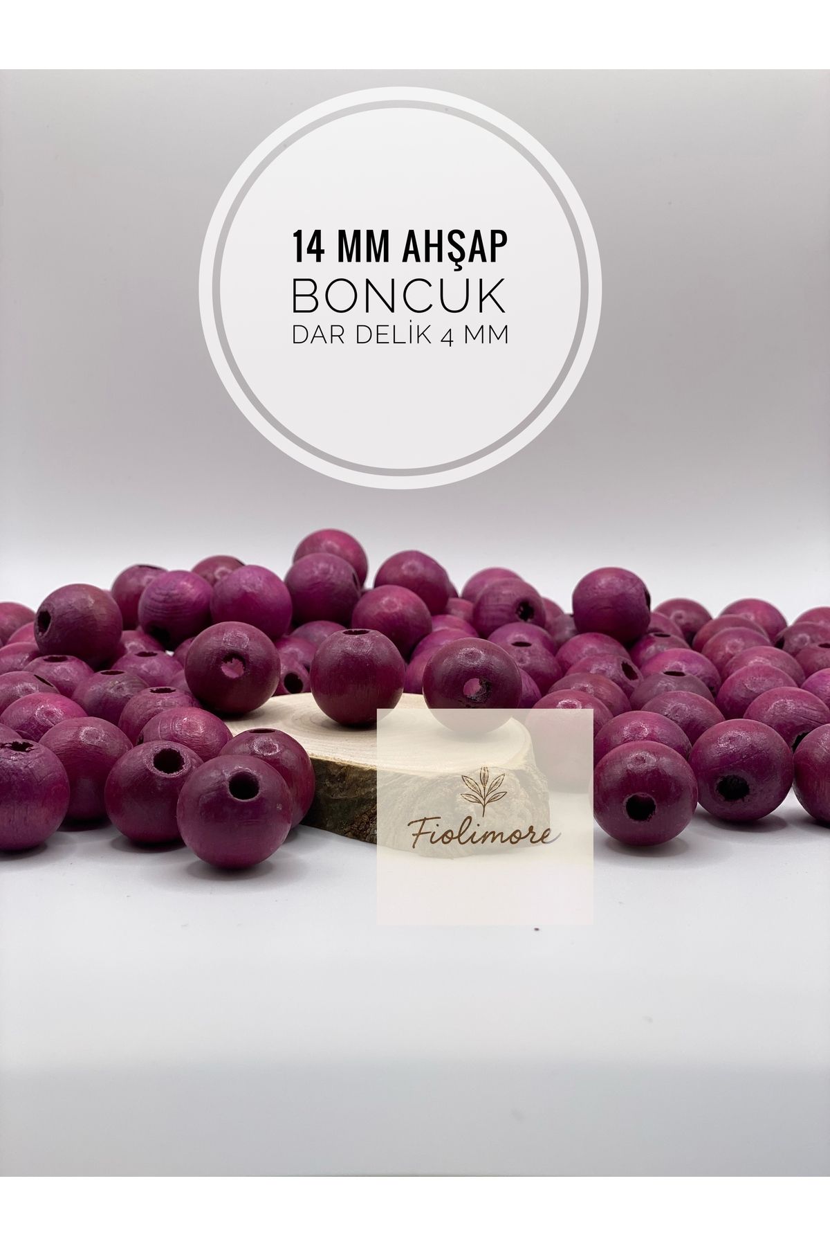 Fiolimore 14 mm Fuşya Pembe Ahşap Boncuk (50 Gram 50 Adet) Delik Çapı 4 mm Yuvarlak Dar Delik Renkli Tahta