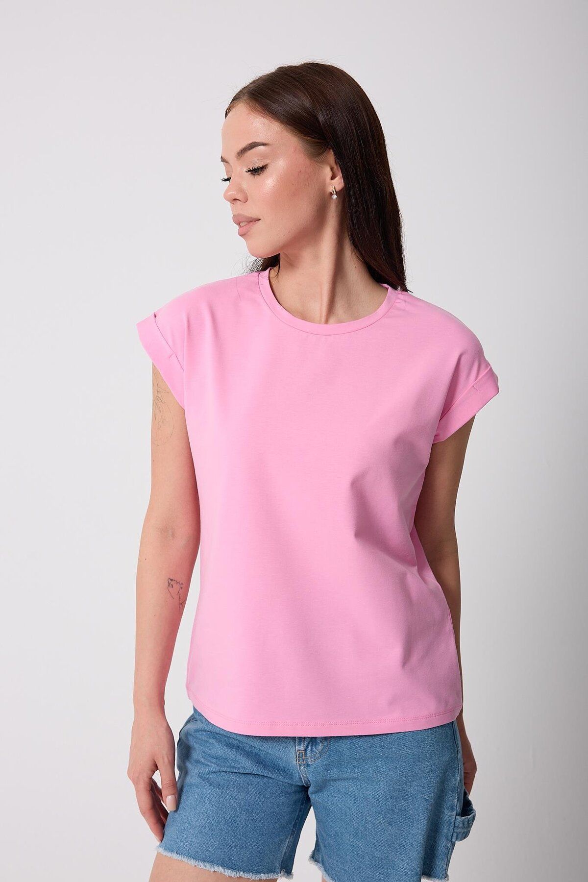 AMİDA Kadın Pembe Likralı Duble Kol Basic T-shirt - 2525