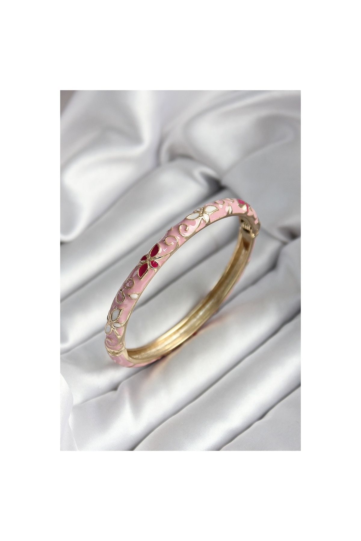 Ayder Timya Mineli Pirinç Pembe Çiçek Desenli Gold Renk Kadın Kelepçe - Tj-bb7005