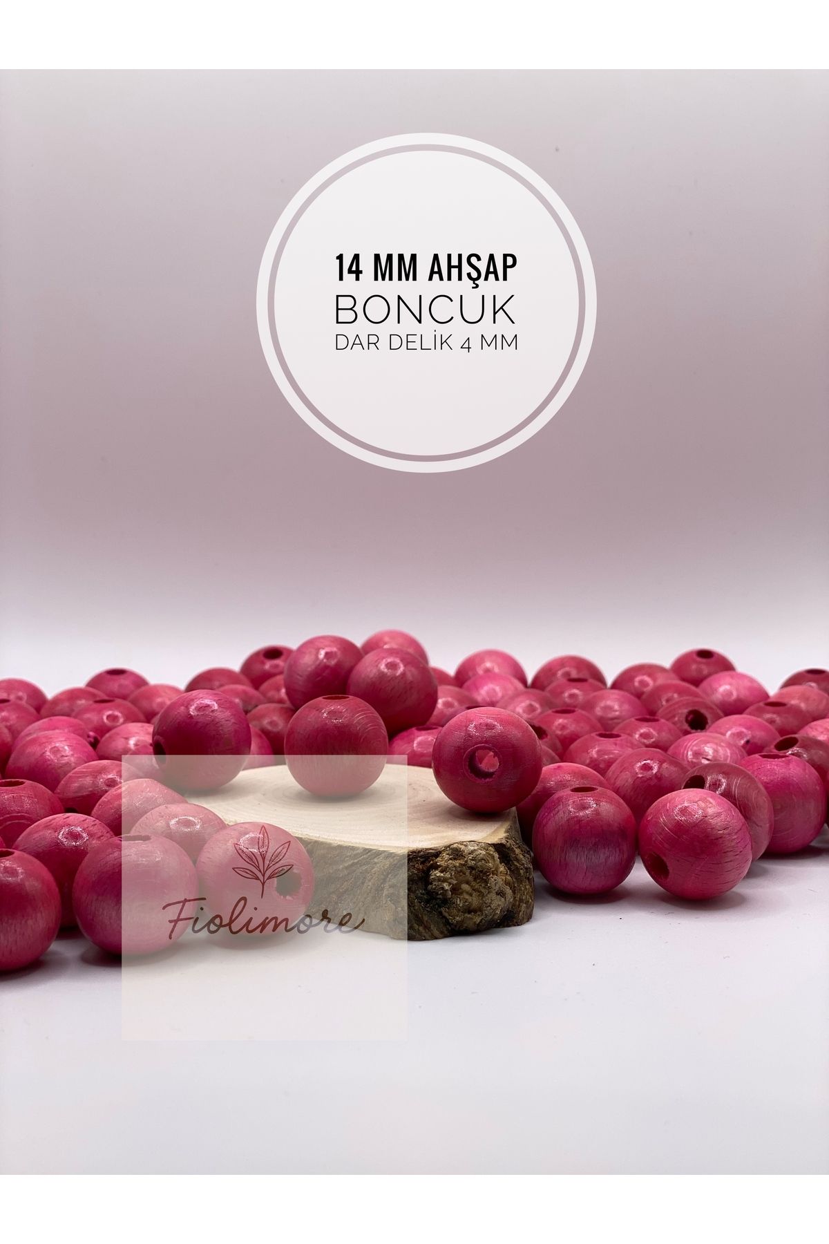Fiolimore 14 mm Pembe Ahşap Boncuk (50 Gram 50 Adet) Delik Çapı 4 mm Yuvarlak Dar Delik Renkli Tahta