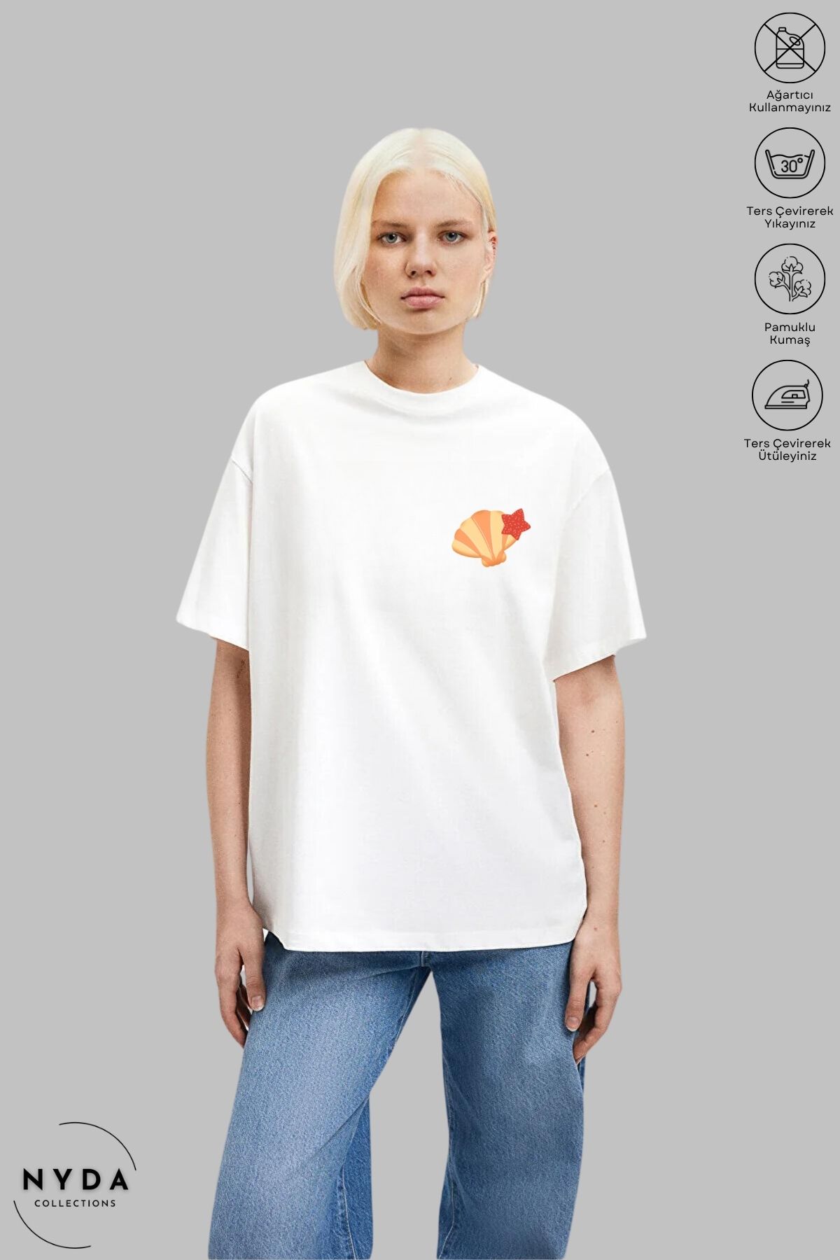 Nyda Collections Kadın Bisiklet Yaka Deniz Kabuğu Baskılı Pamuk Oversize Kısa Kollu Tişört