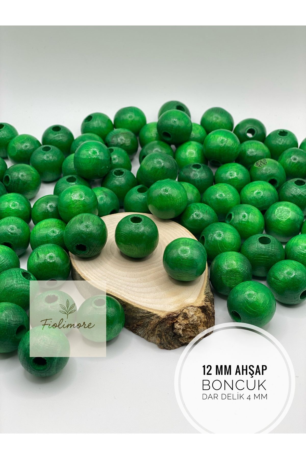 Fiolimore 12 mm Yeşil Ahşap Boncuk (50 Gram 95 Adet) Delik Çapı 4 mm Yuvarlak Dar Delik Renkli Tahta