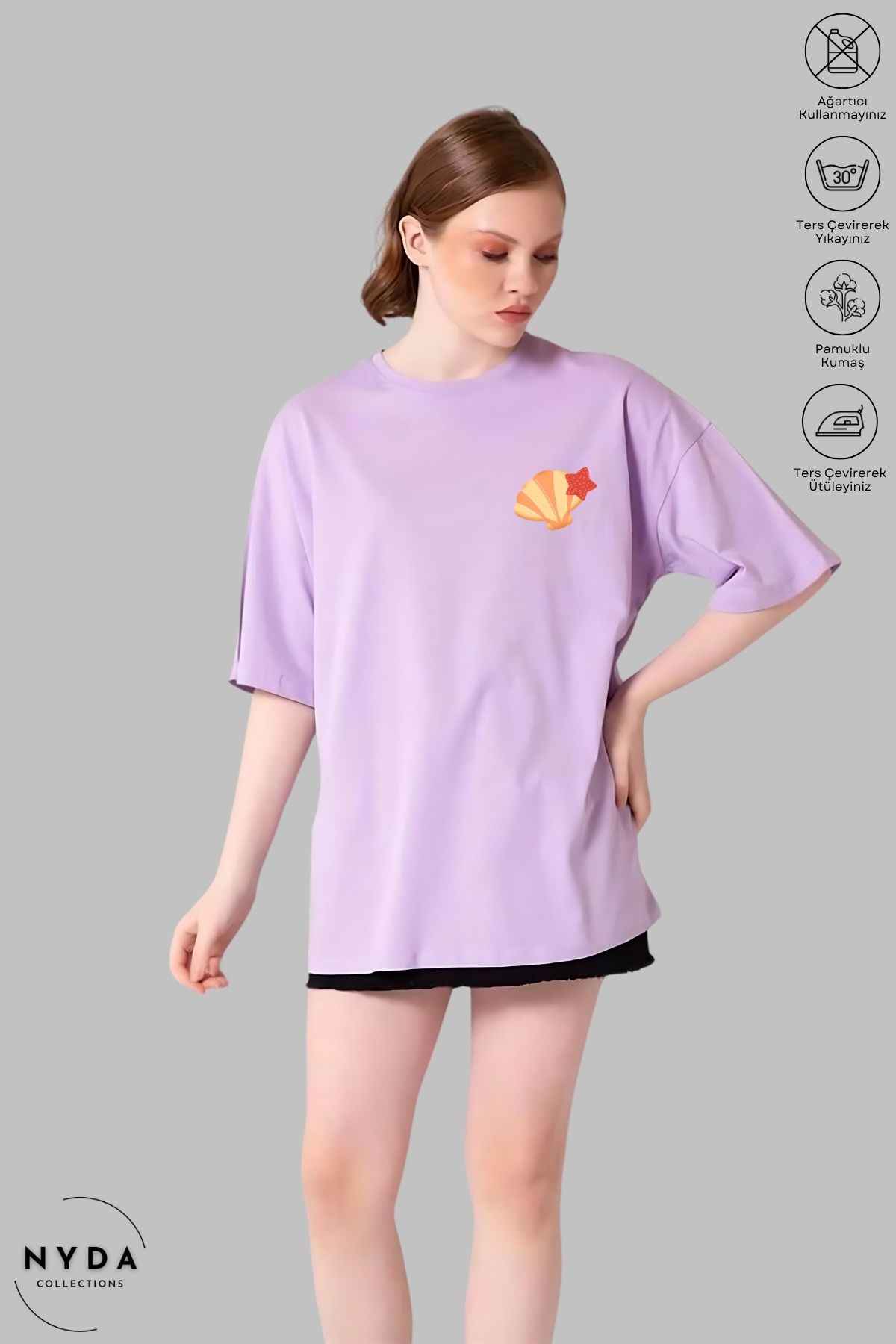 Nyda Collections Kadın Bisiklet Yaka Deniz Kabuğu Baskılı Pamuk Oversize Kısa Kollu Tişört