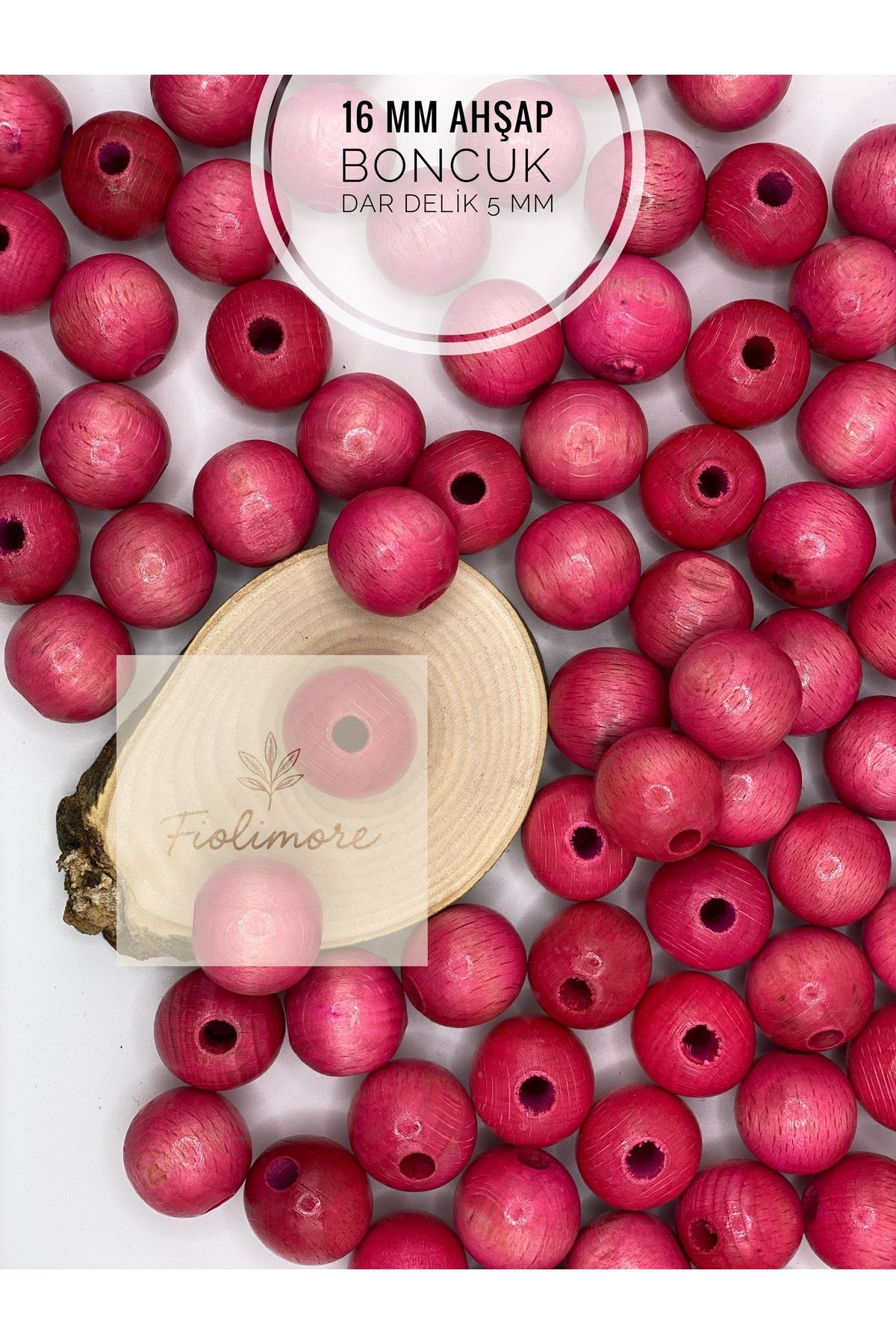 Fiolimore 16 mm Pembe Ahşap Boncuk (50 Gram 35 Adet) Delik Çapı 5 mm Yuvarlak Dar Delik Renkli Tahta