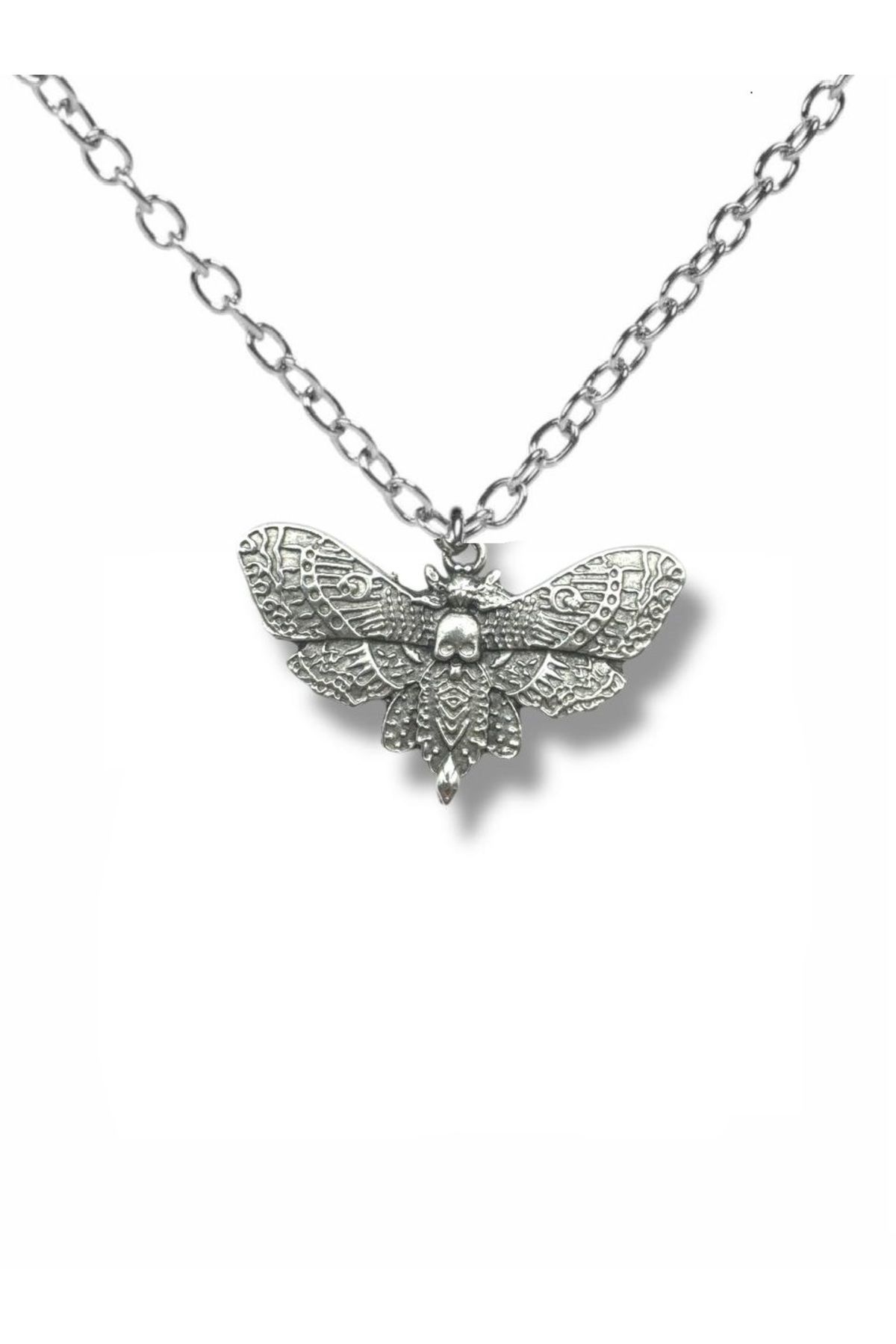 Herşey Nota Death Skull Moth Figürlü Unisex Kolye | Gotik Kafatası Güvesi Tasarım| 60 cm Zincirli Aksesuar