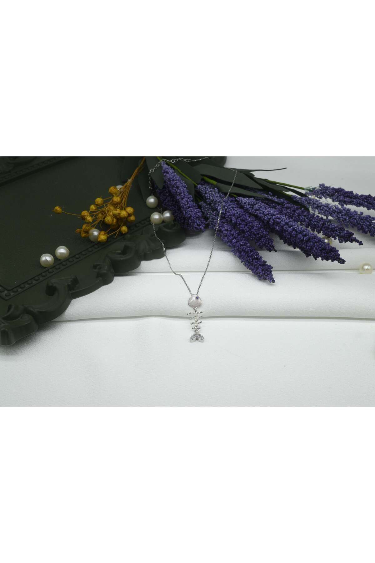 Ocean Silver & Jewelry Kristal Kuvars Taşlı Mine Kılçık Balık Gümüş Kolye
