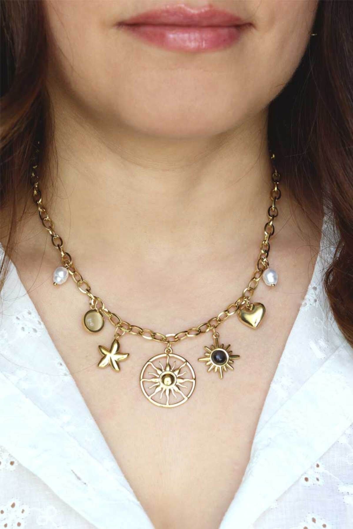 DHARMONYCO Çelik Gold Güneş Detay Charm Kolye