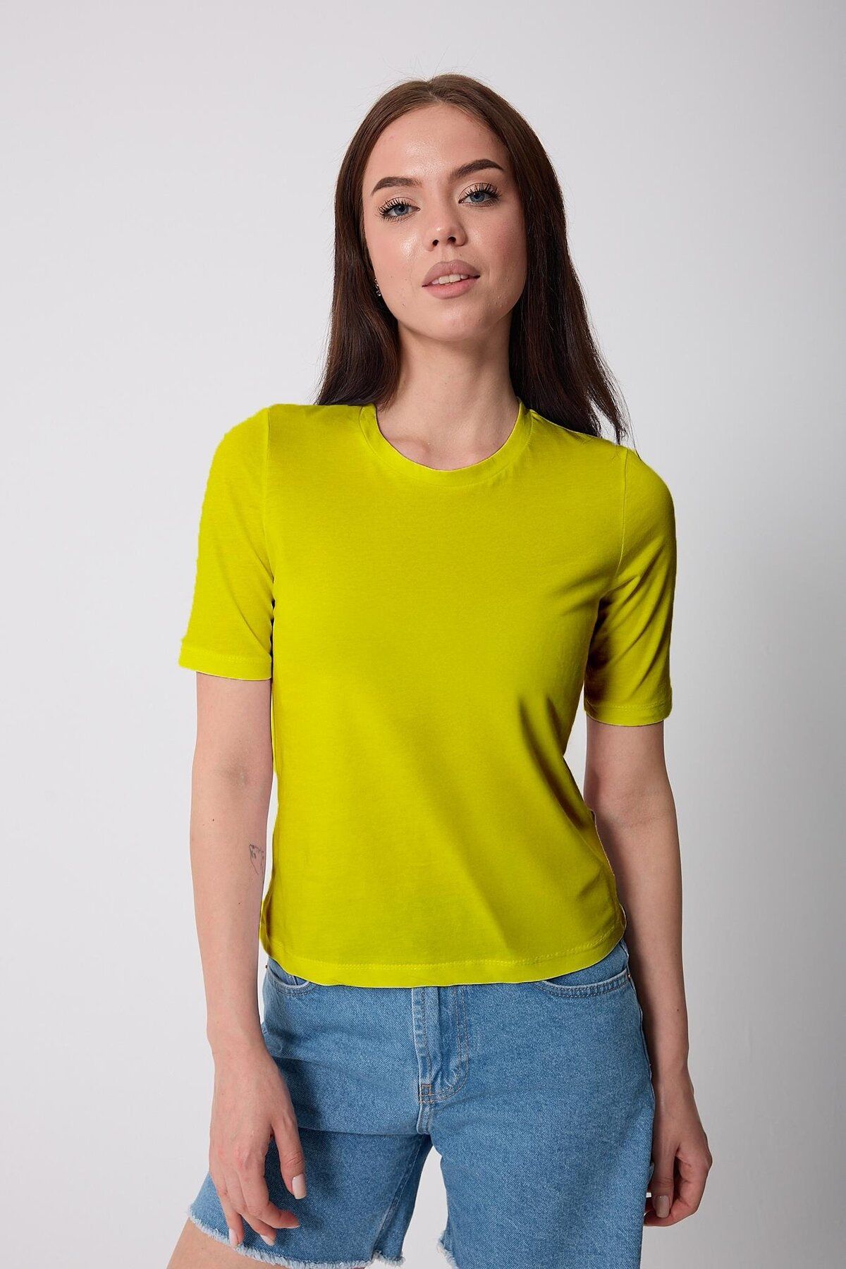 AMİDA Kadın Yeşil Likralı Yarım Kollu Basic T-shirt - 2524