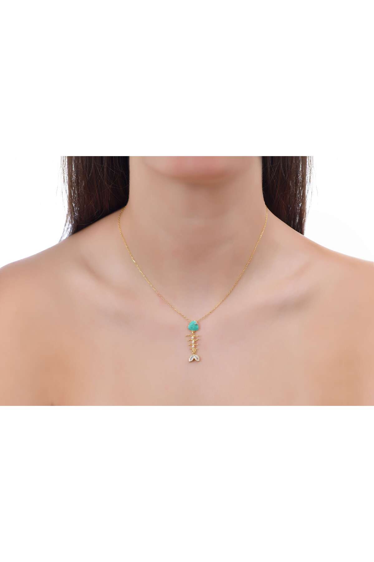 Ocean Silver & Jewelry Kristal Kuvars Taşlı Mine Kılçık Balık Gümüş Kolye