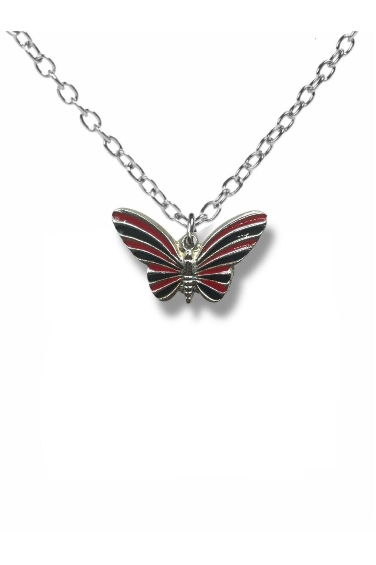 Herşey Nota Kırmızı Siyah Kelebek Figürlü Unisex Kolye | Butterfly Tasarım | 60 cm Zincirli Şık Takı