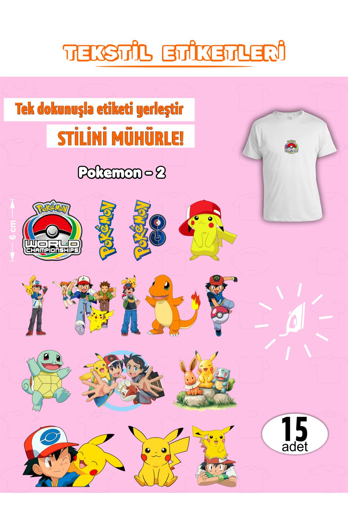 AGG Reklam Ütü ile Yapışan Kıyafet Etiketi Pokemon -2 15Li Set