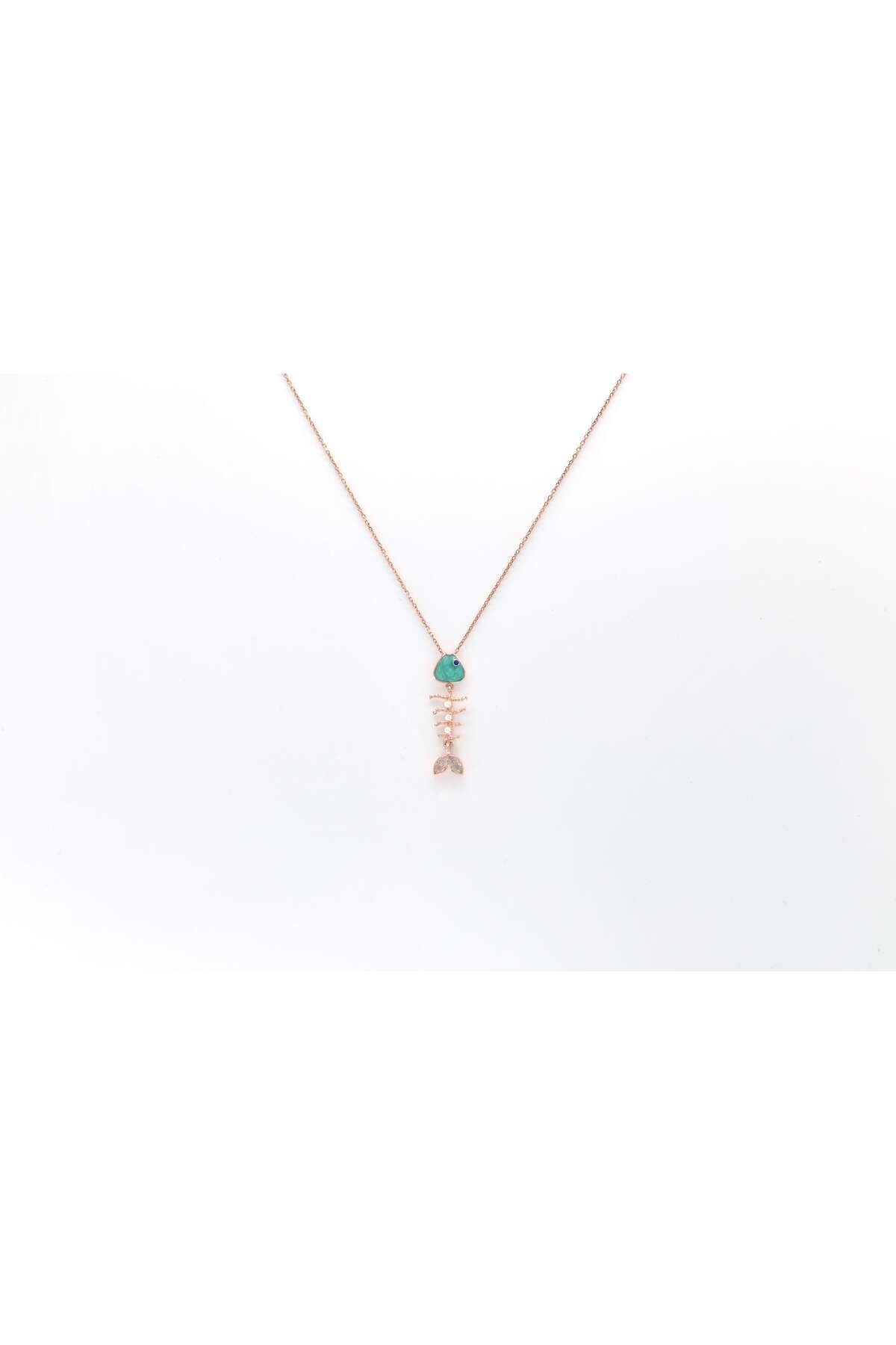 Ocean Silver & Jewelry Kristal Kuvars Taşlı Mine Kılçık Balık Gümüş Kolye