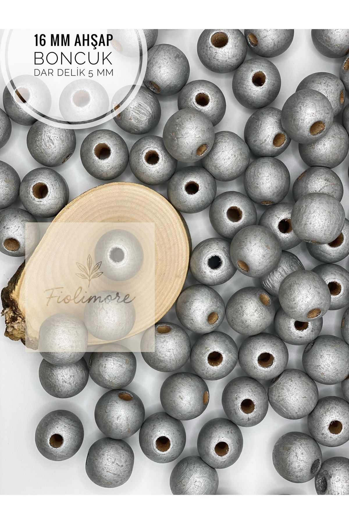 Fiolimore 16 mm Gri Ahşap Boncuk (50 Gram 35 Adet) Delik Çapı 5 mm Yuvarlak Dar Delik Renkli Tahta